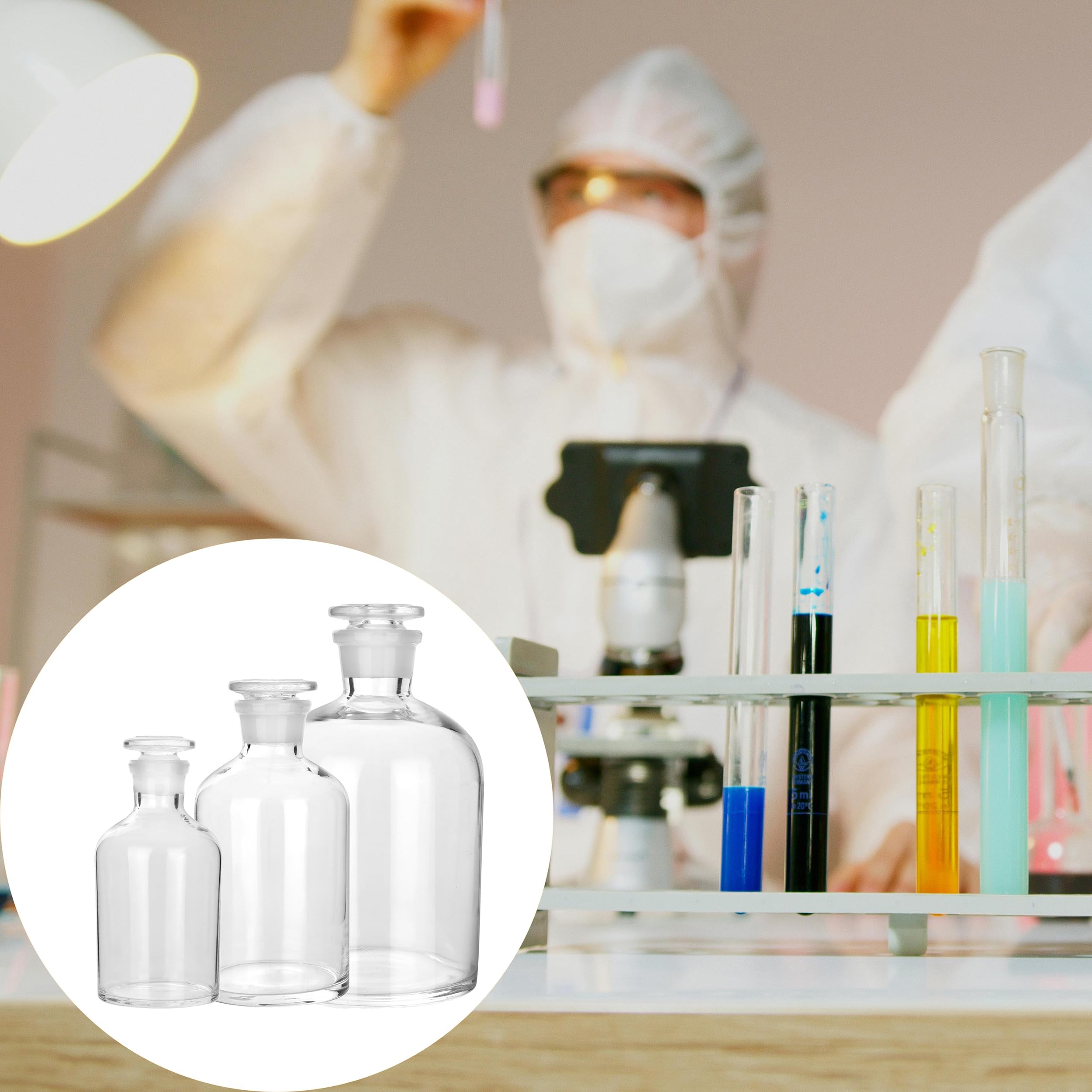 Paquete de 2 botellas de reactivo de vidrio, botella de reactivo de vidrio de borosilicato de boca estrecha, con tapón de vidrio molido estándar para laboratorios (transparente, 125 ml)