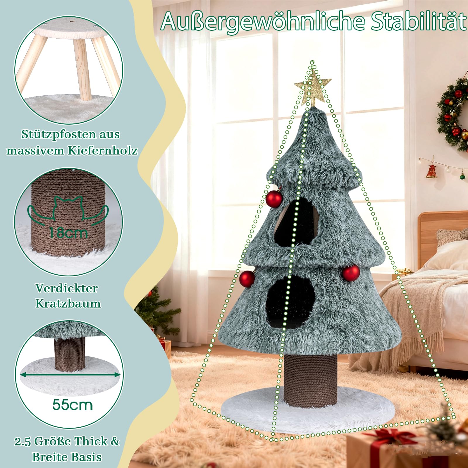 GYMAX 123 cm Kratzbaum Weihnachten, Katzenbaum mit 2 Höhlen, Sisal-Kratzsäuln & Kiefern-Stützsäulen, waschbarer Veloursbezug, Katzenkratzbaum Weihnachtsbaum, Aktivzentrum für Kätzchen, Grün