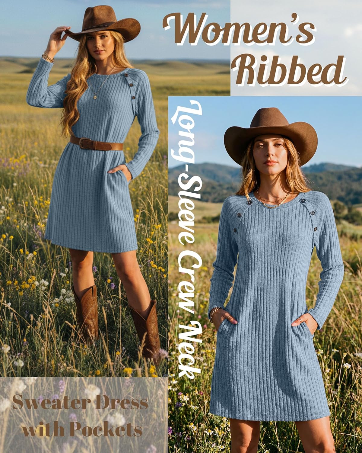 Women's Long Sleeve Loose Sweater Dress Crew Neck Knit Dress with Pocket Ribbed Button Side Fall Casual Tunic Top - Image 4