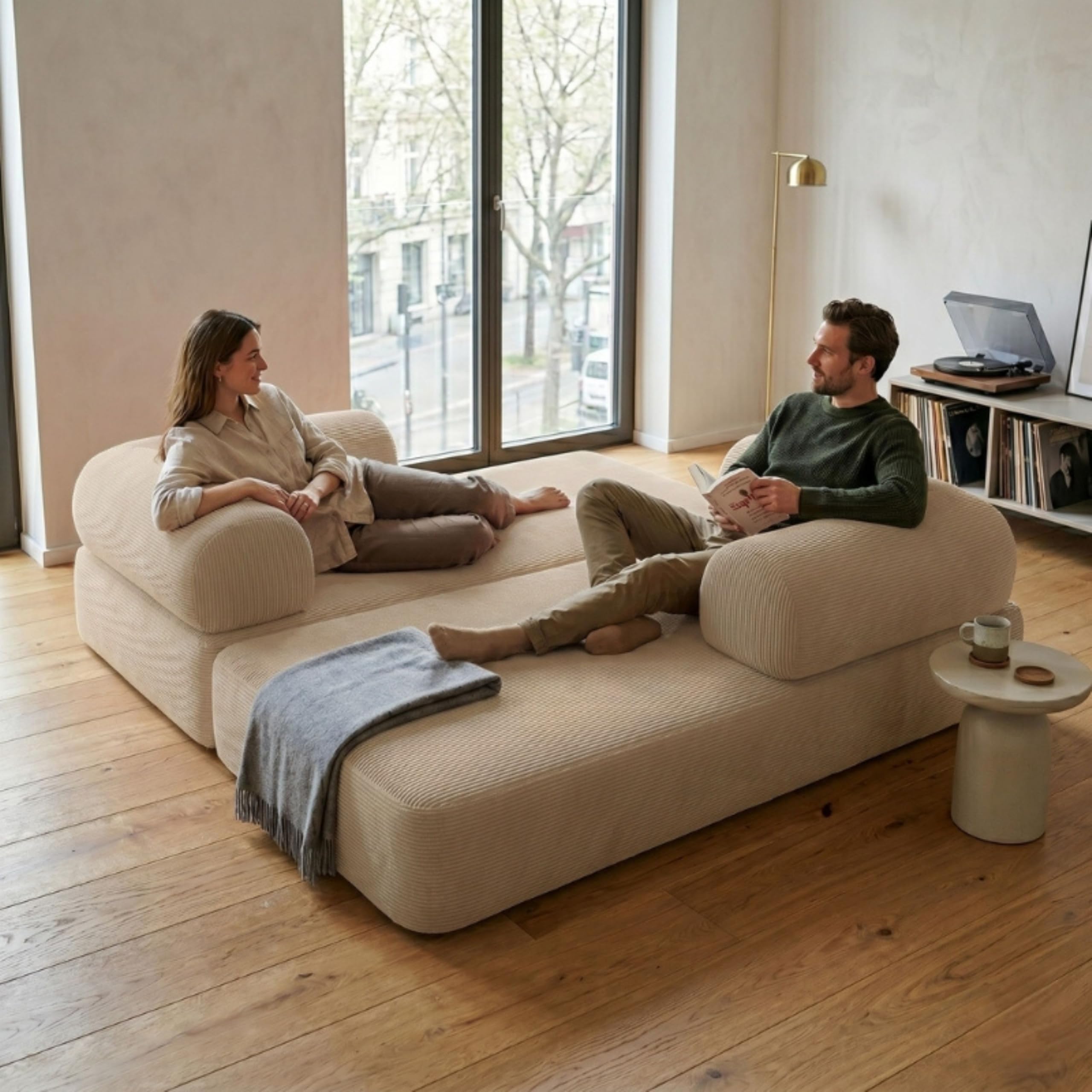 bananair - Sofá Cama de 2 Plazas Fabricado en Francia - Sofá Modular de Espuma de Alta Densidad y Tejido de Pana - Diseño Innovador Boneless, Enviado Comprimido (Beige)