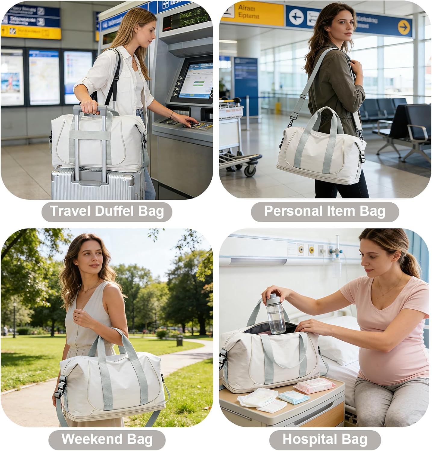 Expandable Travel Duffle Bags Weekender Overnight Bags for Women with Shoes Compartment, Personal Item Carry on bag for Women for Airplanes Travel Business Trips, Grey&White