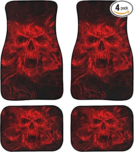 Red Skull Car Floor Mats Full Set of 4,Gothic Skull Skeleton Horror Skull Art Abstract Design Universal Front Rear Car Rugs Custom Floor Mats for Cars Auto Car Decor Accessories for Trucks