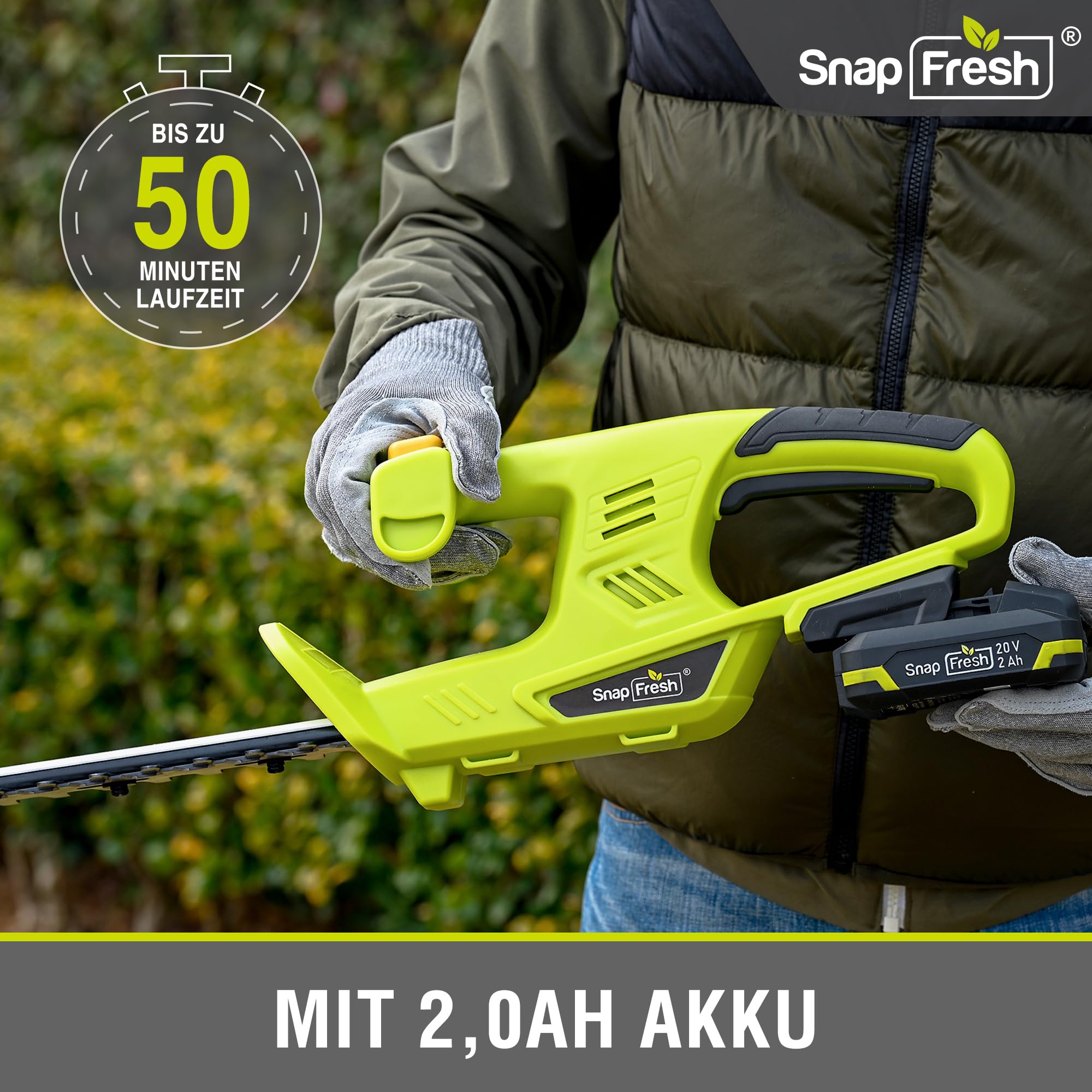 SnapFresh Akku-Heckenschere 20V, 45 cmSchnittlänge, Heckenschneider mit 2800SPM Doppelmesser aus Mn65 Stahl, Leichte Heckenschere für Hecken, Sträucher & Gartenarbeit, 2,0Ah Akku & Ladegerät Inklusive