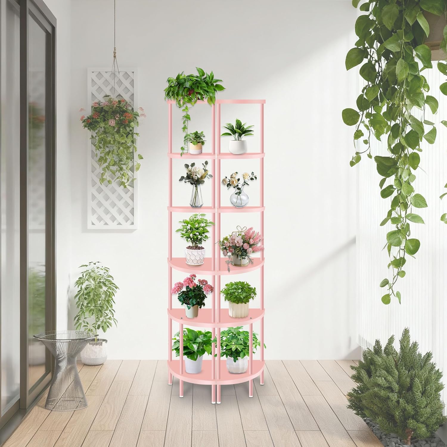 6 Tier Corner Shelf Stand, 66” Tall Corner Bookshelf Multipurpose Shelving Unit, Plant Stand Display Rack Home Organizer Shelves for Bedroom Living Room, Pink