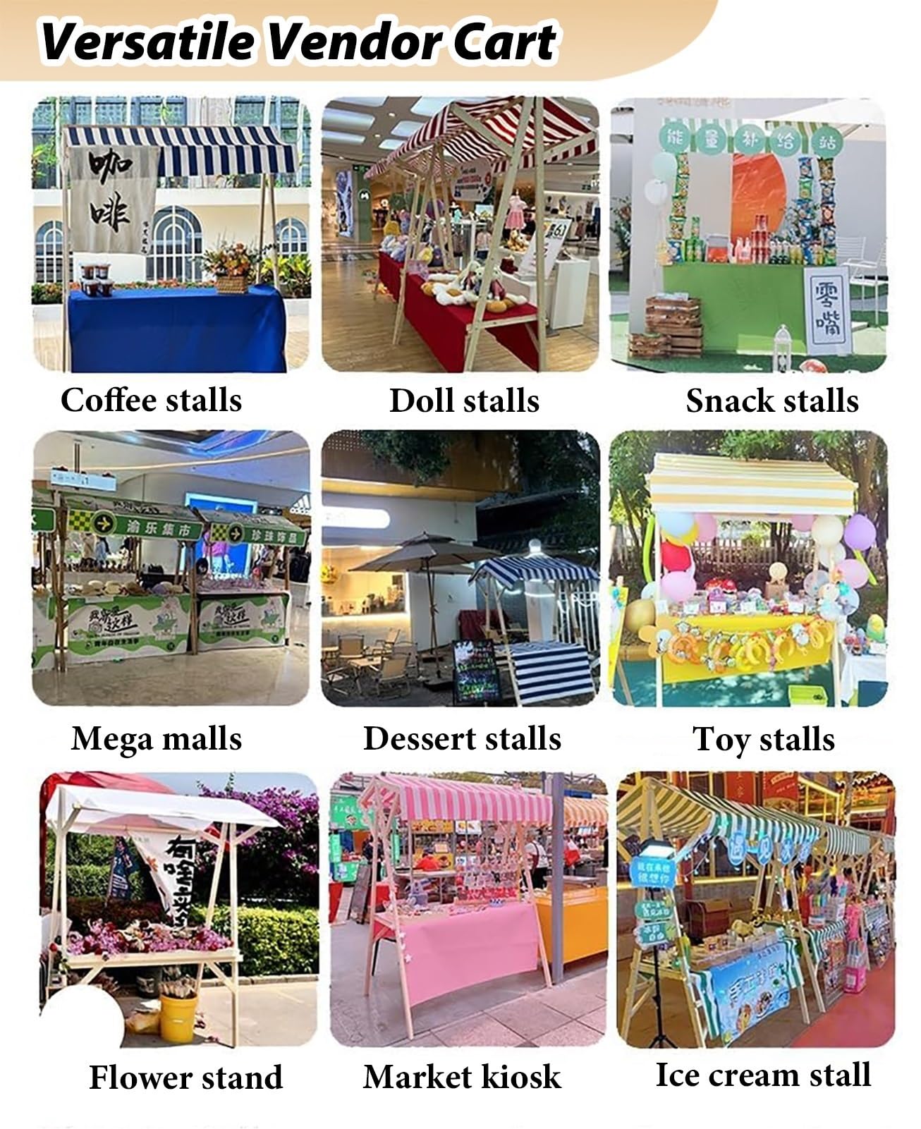 Marktstand Verkaufsstand Eiswagen aus Holz, Faltbarer Marktständer mit Dessertwagen, Tragbarer Imbissstand für Gewerbe, Partys und Den Einzelhandel(White,Width 150cm (59"))