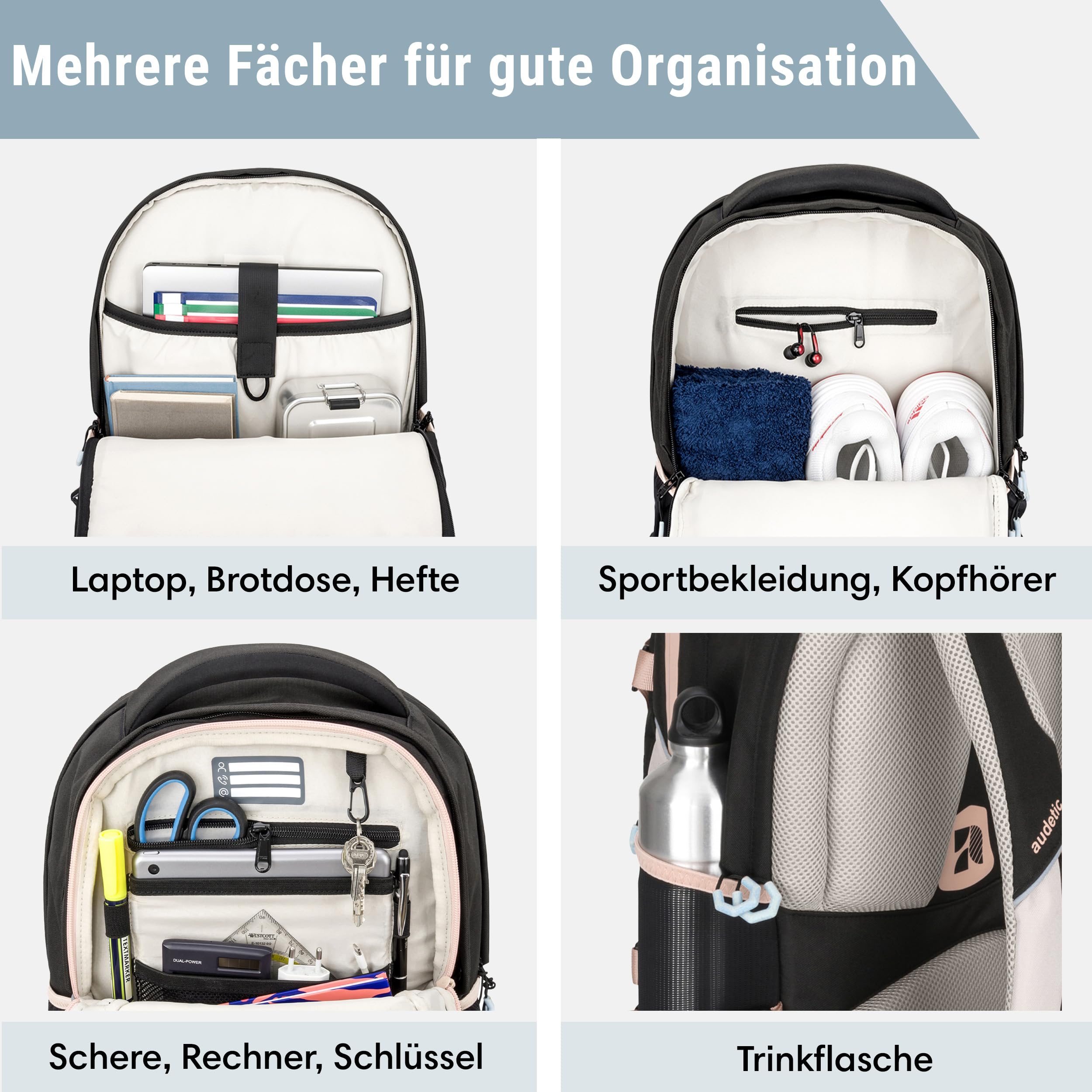 Audetic Schulrucksack Mädchen Teenager Schwarz Rosa - Cosmo - Schulranzen für Klasse 5 - Ergonomische Schultasche mit vielen Fächern für Schule & Freizeit - Wasserabweisend