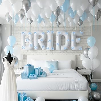 40 Inch BRIDE Balloons Pearl White Blue and Sliver Balloons With Huge BRIDE Balloon Letter and 30pcs Bow Perfect for Bachelorette Bridal Shower Engagement Wedding decorations