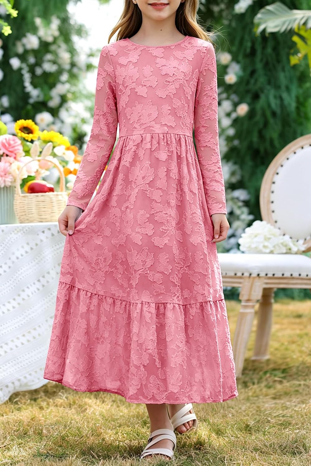 HOSIKA Girls Fall Long Sleeve Flowy Long Dress for Wedding Guest Party