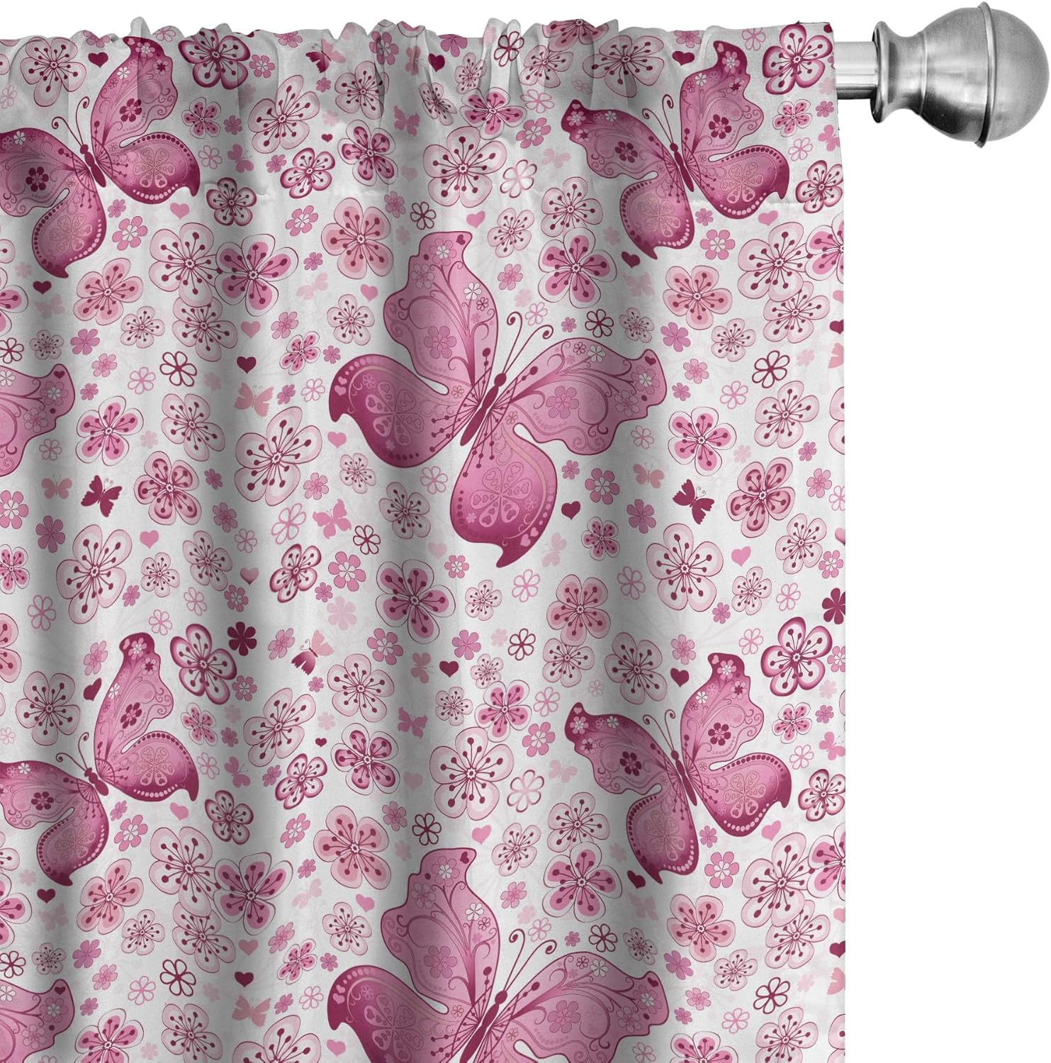 Ambesonne Butterfly Curtains, Floral Arrangement and Hearts Background Animals with Vibrant Colors, Window Treatments 2 Panel Set for Living Room Bedroom, Pair of - 28" x 95", White Pink