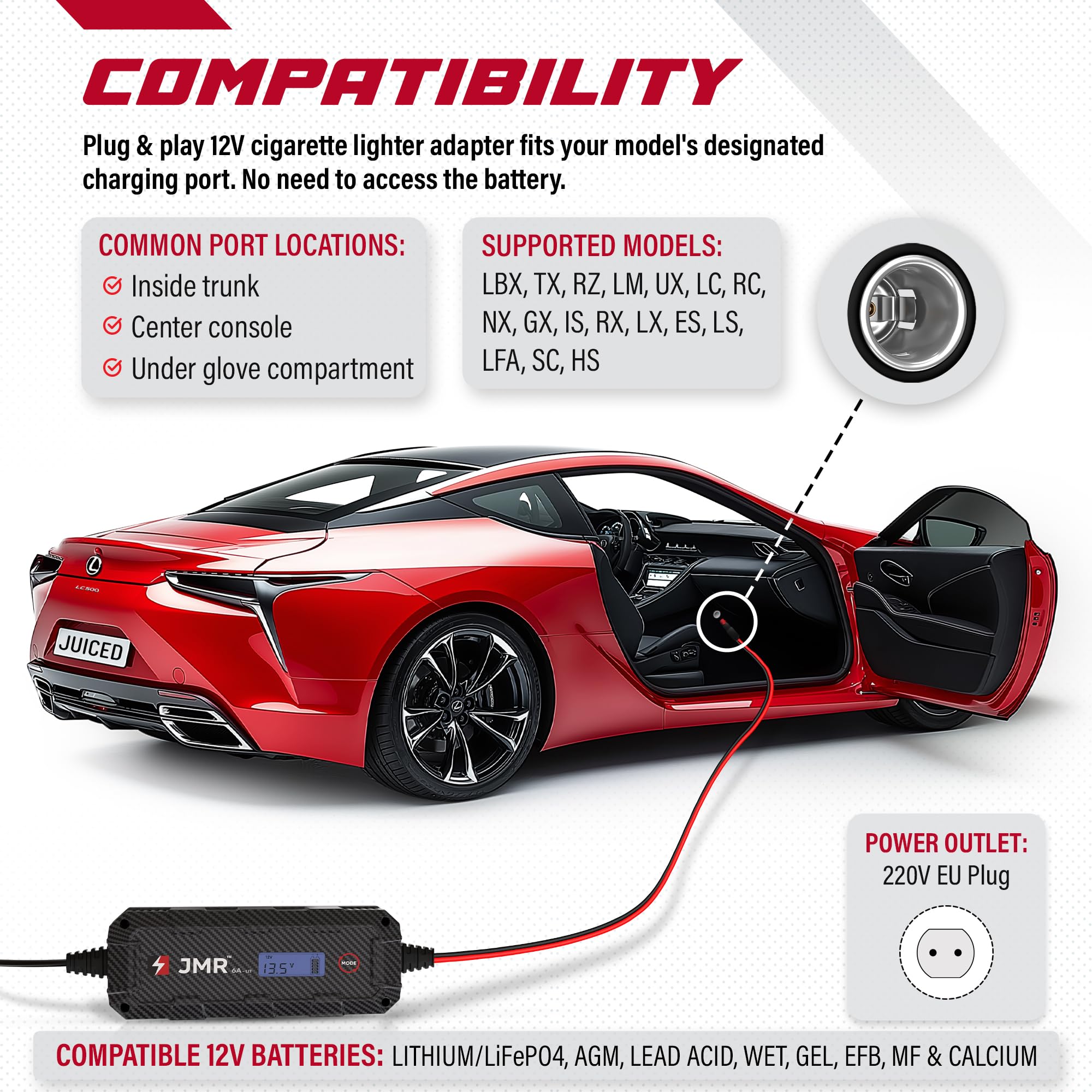 JMR Battery Charger for Lexus LBX TX RZ LM UX LC RC NX GX is RX LX ES LS LFA SC HS All Models Trickle Charger Conditioner Maintainer (Add Lithium Mode)