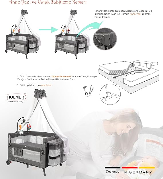 Holmer Coolstyle Premium Cibinlikli Dönenceli Anne Yanı Oyun Parkı Beşik 70x110cm Koyu Gri