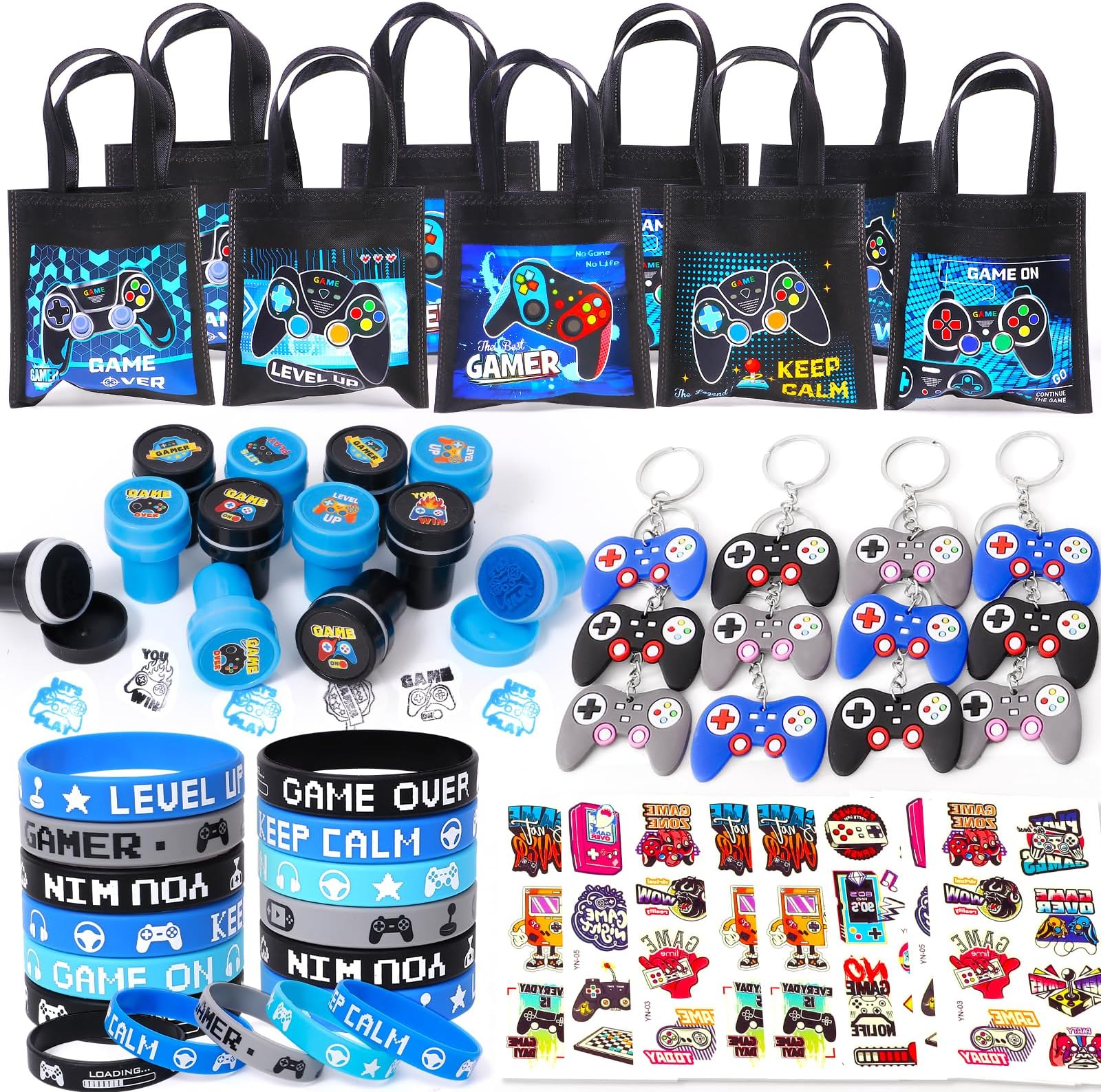 Gaming Party Bag Fillers Video Game Party Favours Black Party Bags Keychain Luminous Tattoo Sticker Silicone Bracelet Stamps Gamer Birthday Party Supplies Pinata Goodie Bag Fillers for Kids Boys