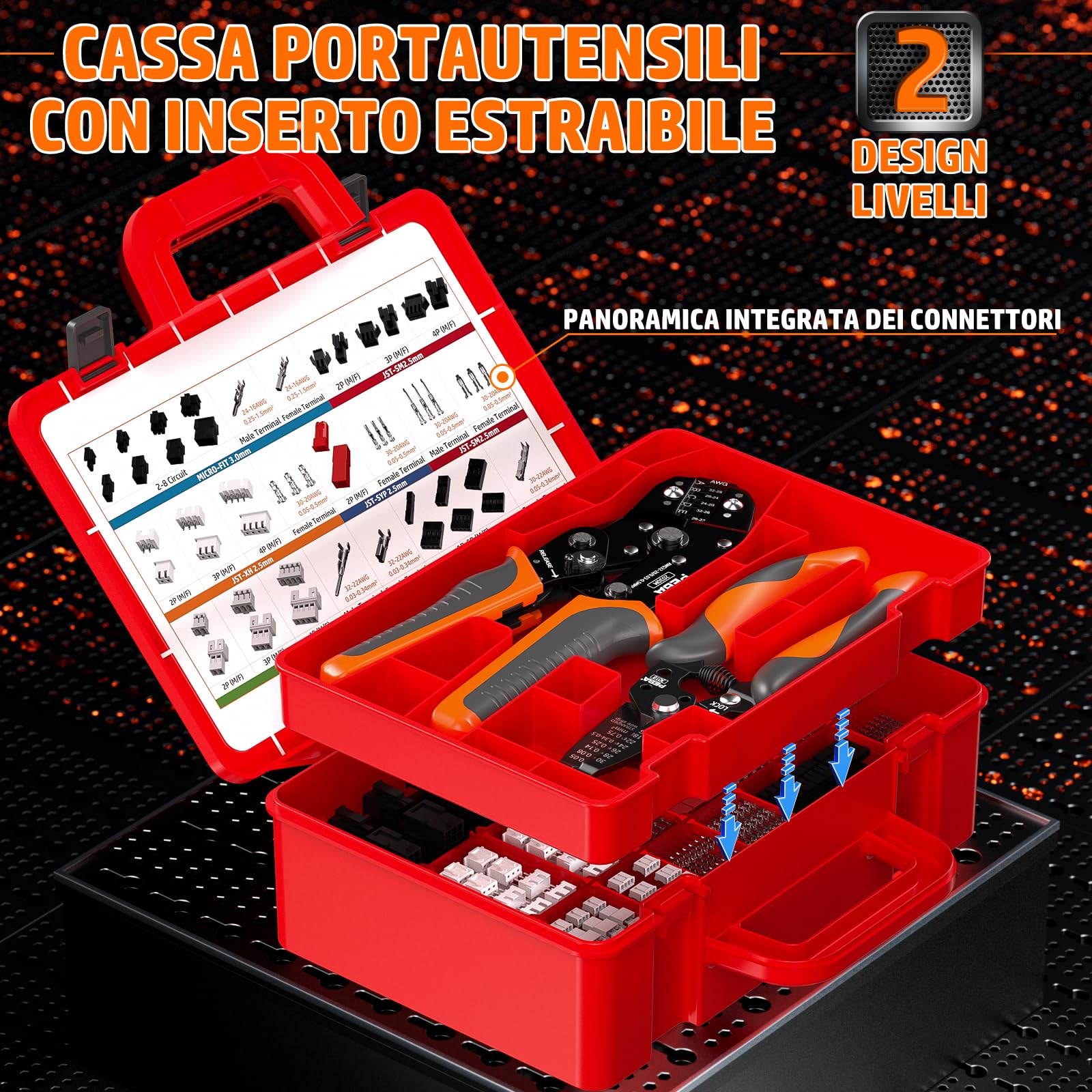 PEBA Set di micro connettori con pinza crimpatrice a cricchetto, Micro-Fit 3.0, Dupont da 2,54 mm e JST-PH/XH/SM/SYP, 45 tipi di connettori, 0,03-1,5 mm², con pinza spelafili