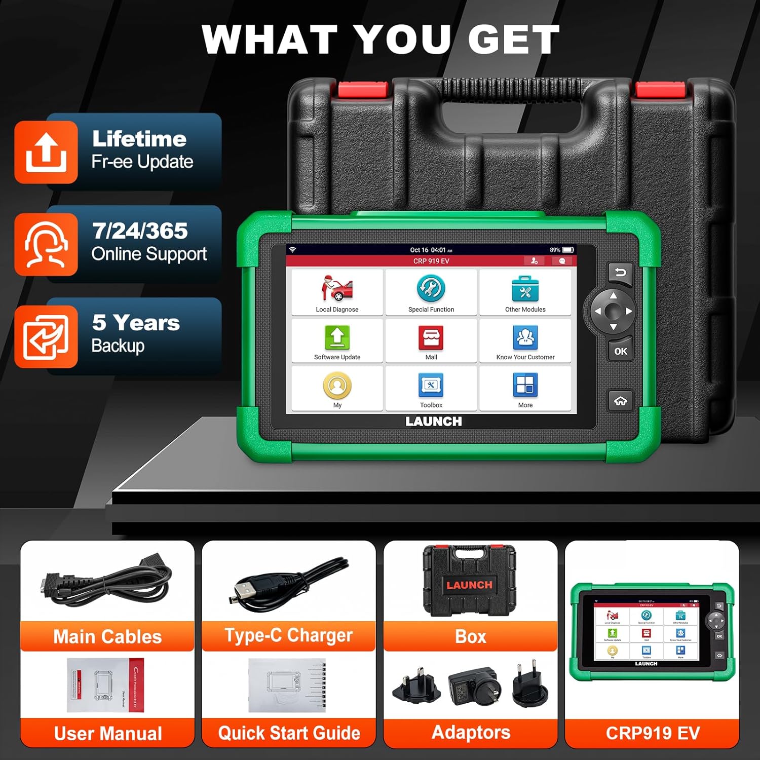 Contents of the LAUNCH X431 CRP919 EV package including scanner, cables, charger, adapters, and manuals.
