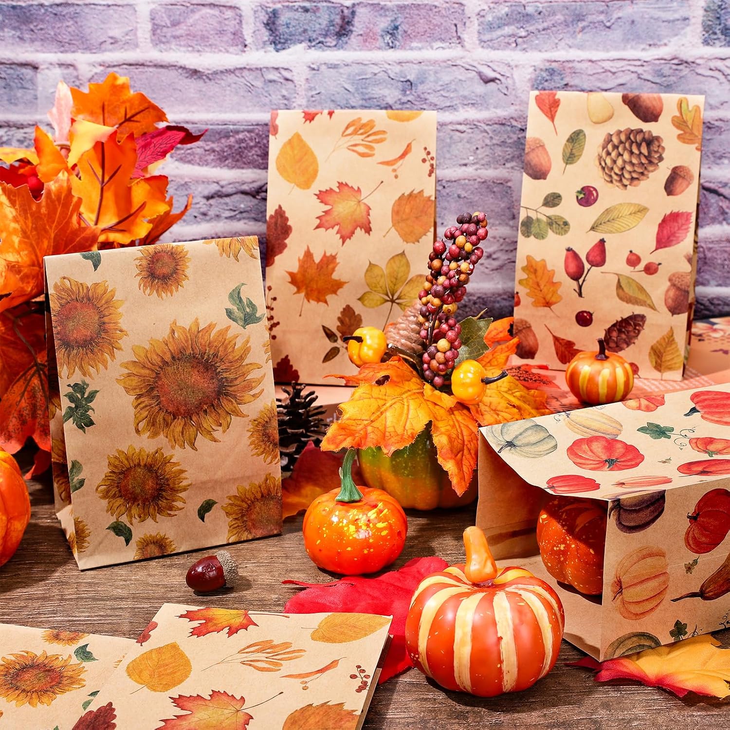 Whaline 60Pcs Fall Flat Treat Bags Pumpkins Maple Leaves Sunflowers Nuts Patterned Kraft Paper Grocery Bag Small Goodie Candy Gift Bag for Thanksgiving Friendsgiving Party Favor Supplies image 4