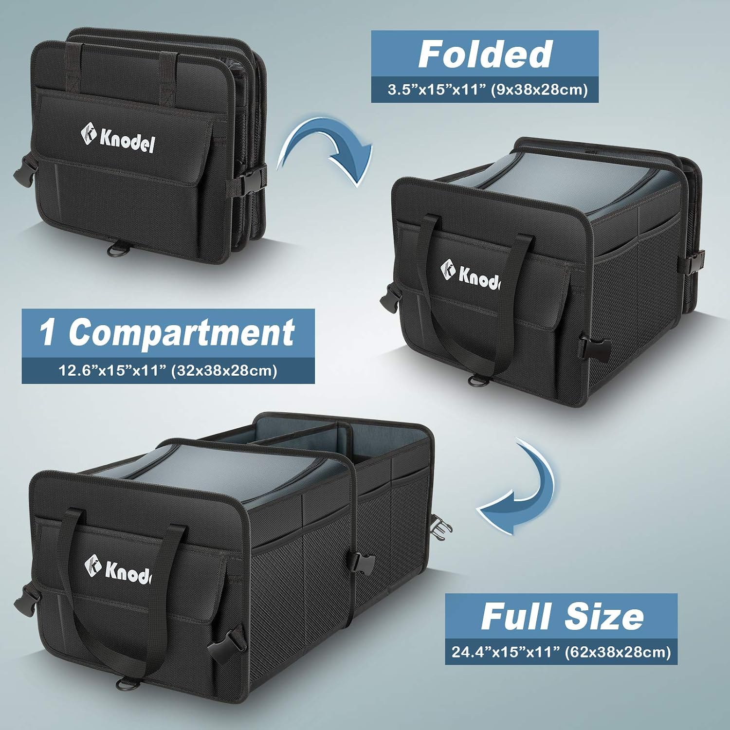 Knodel Sturdy Car Trunk Organizer with Premium Insulation Cooler Bag, Heavy Duty Collapsible Trunk Storage Organizer for Car, SUV, Truck, or Van (2 Compartments, Black)