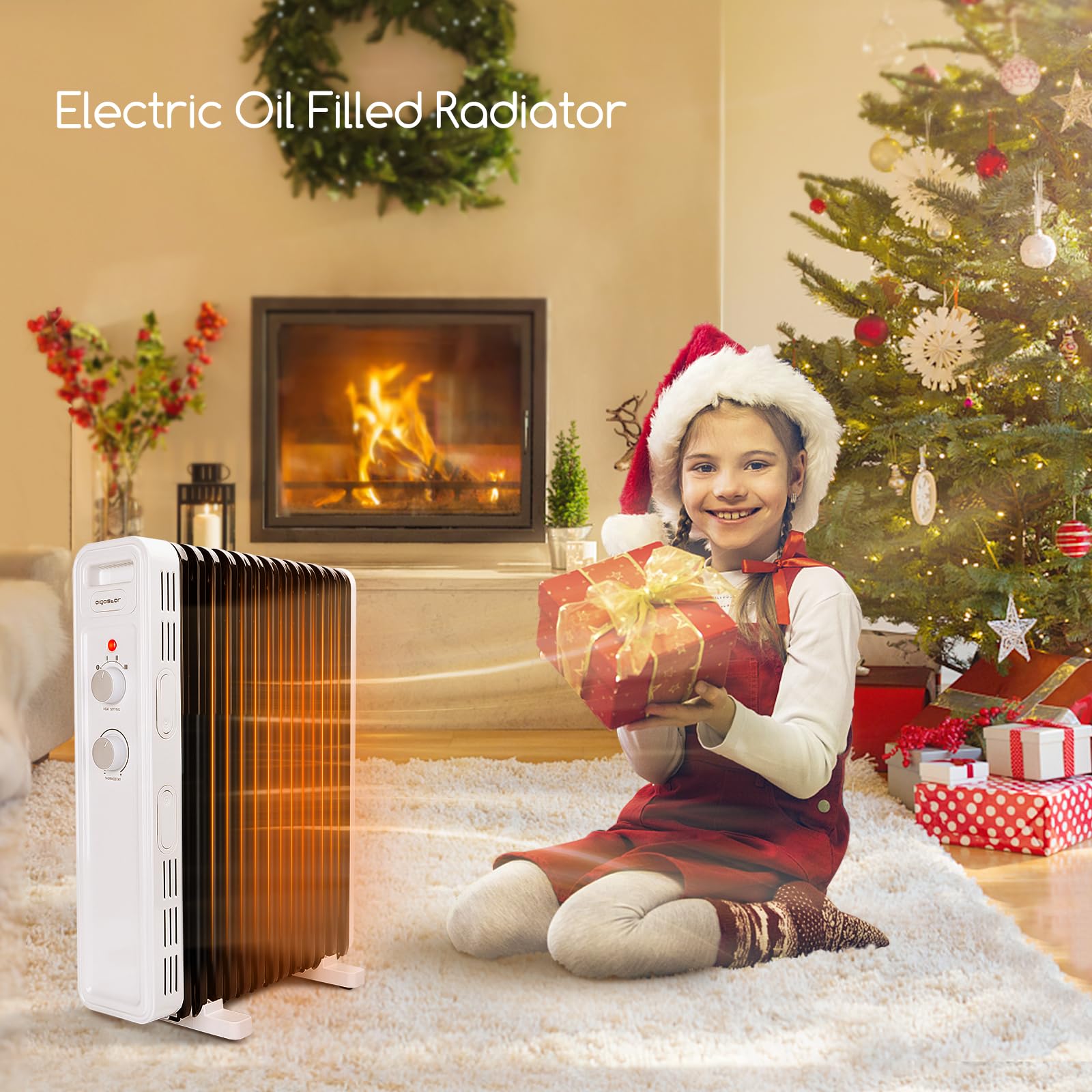 Aigostar Hubery - Radiatore ad olio portatile da 2500W. Radiatore elettrico 13 elementi, 3 livelli di riscaldamento, termostato regolabile e protezione a funzione di spegnimento