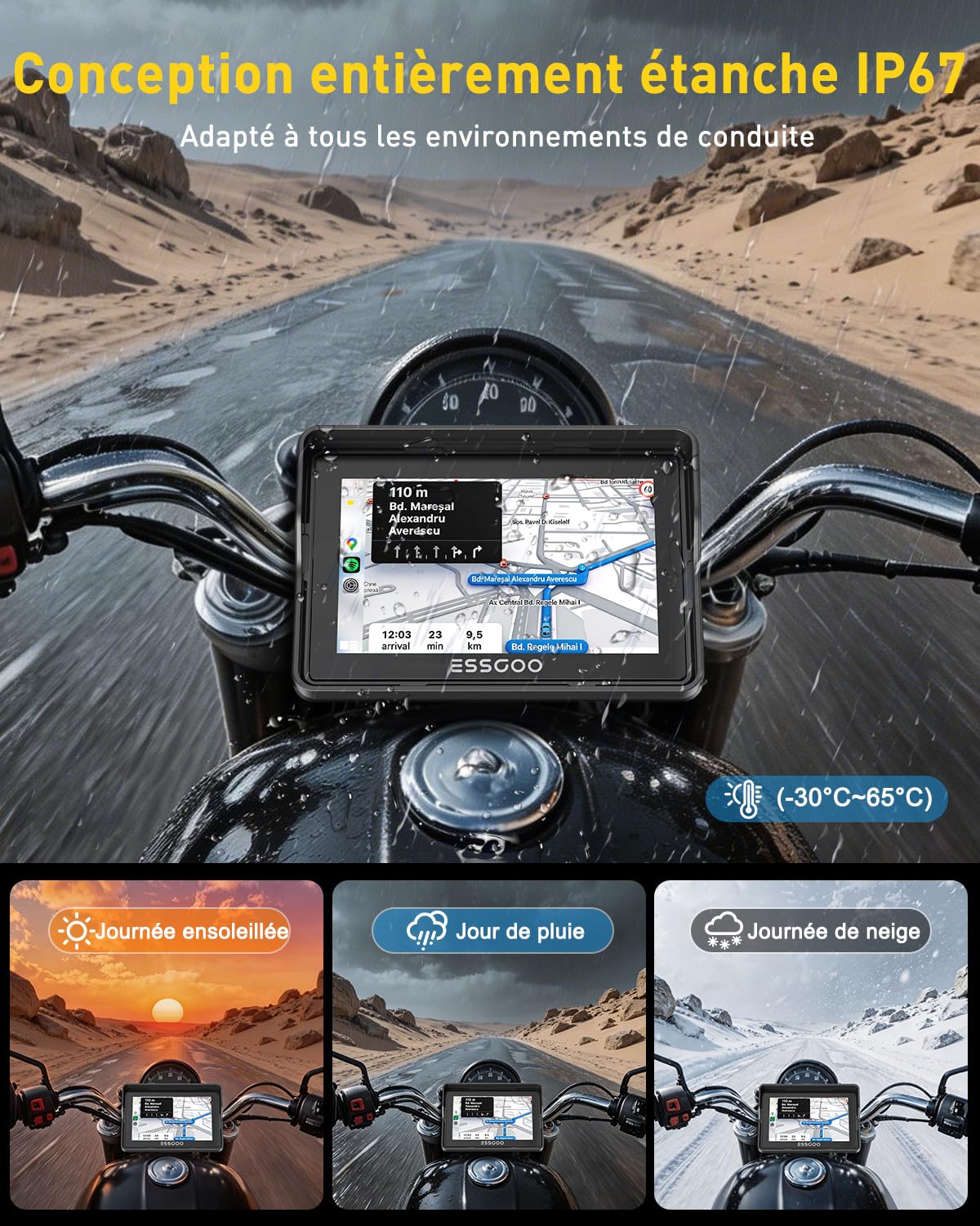 ESSGOO 5 Pouces CarPlay Moto Écran Android Auto sans Fil Tactile IPS | IP67 Étanche, Musique Bluetooth 5.3,Navigation GPS,Commande Vocale, Installation Démontage Faciles