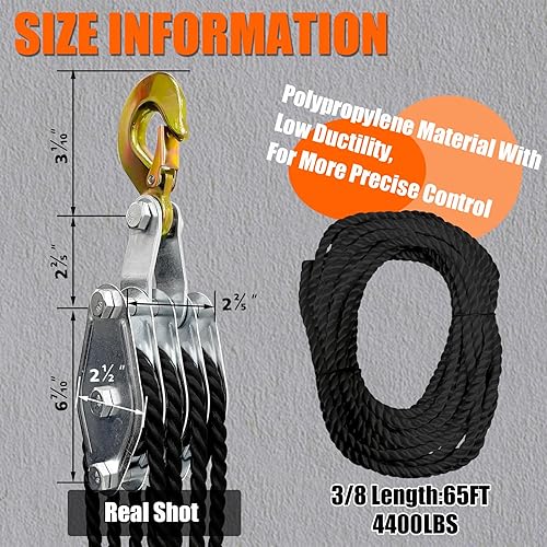 Miniatura 6 de YATOINTO Sistema de polea de polea de polea de cuerda, bloque de polea de 4400 libras y aparejos, relación 81 potencia de elevación de 38 × 65 pies,
