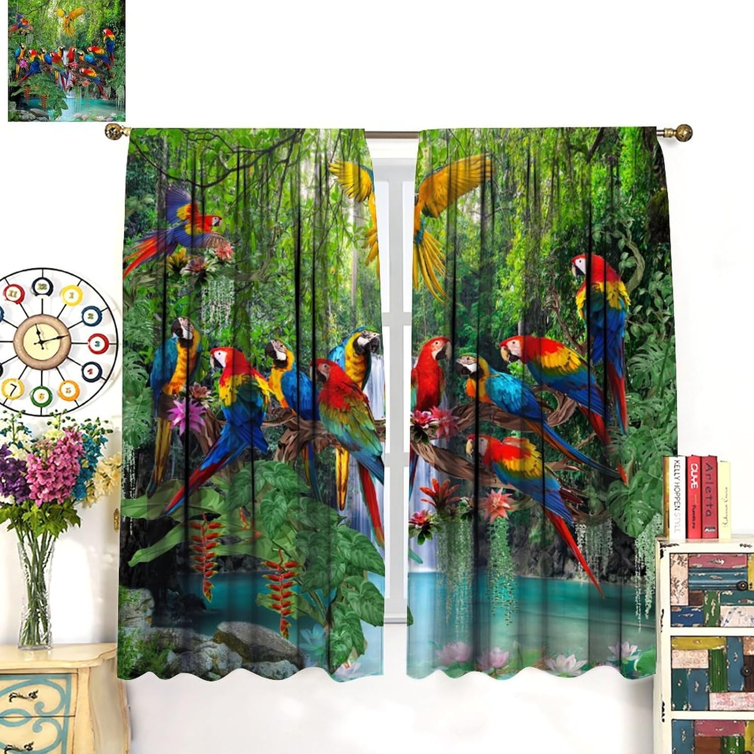 Summer Beach Parrot Blackout Curtains for Living Room,Tropical Jungle Waterfall Palm Leaf Colorful Parrot Room Darkening Window Curtains with Rod Pocket - 2 Panels 45" L x 21" W