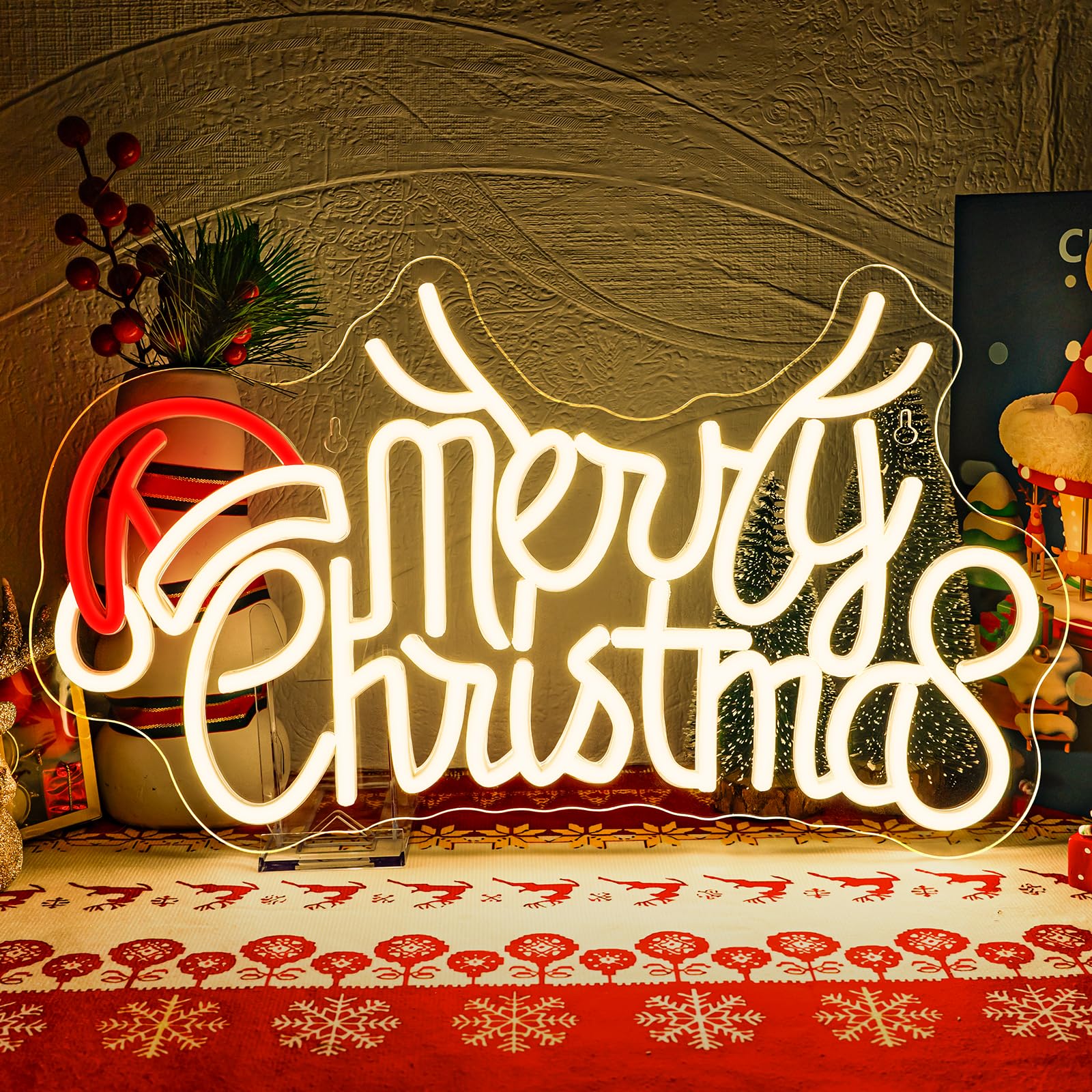 SIGNSHIP Merry Christmas Antlers Hat Neon Light Sign, Merry Christmas Antlers Hat Neon Sign for Wall Decor, Xmas Led Signs with Dimmer for Party, Bedroom, New Year Party