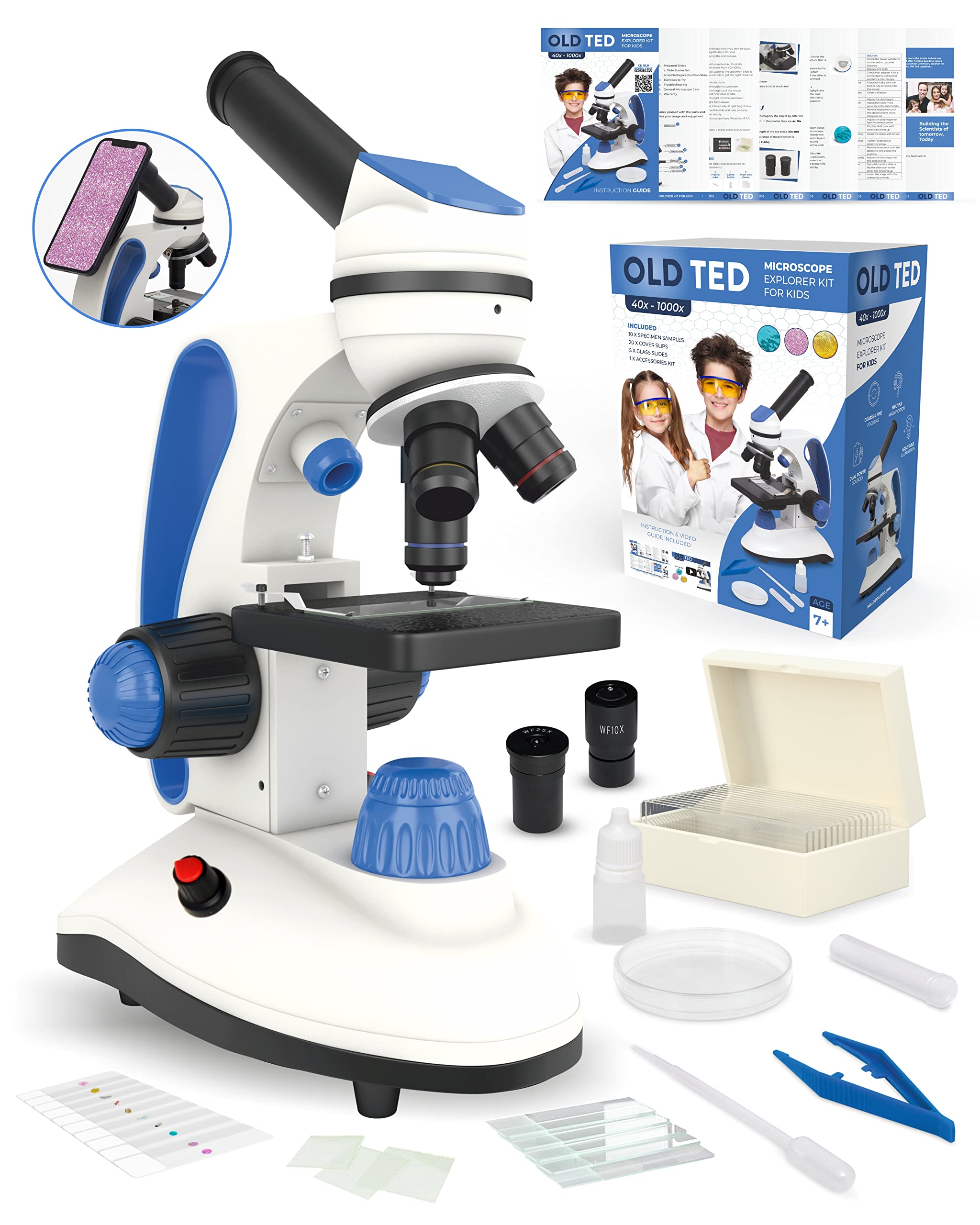 Microscopes for Kids Ages 8-12 - Kids Microscope - Includes Starter Guide, Phone Adaptor, Microscope Slides and x10 Specimen Slides. STEM Science Kits for Kids Age 8-12.