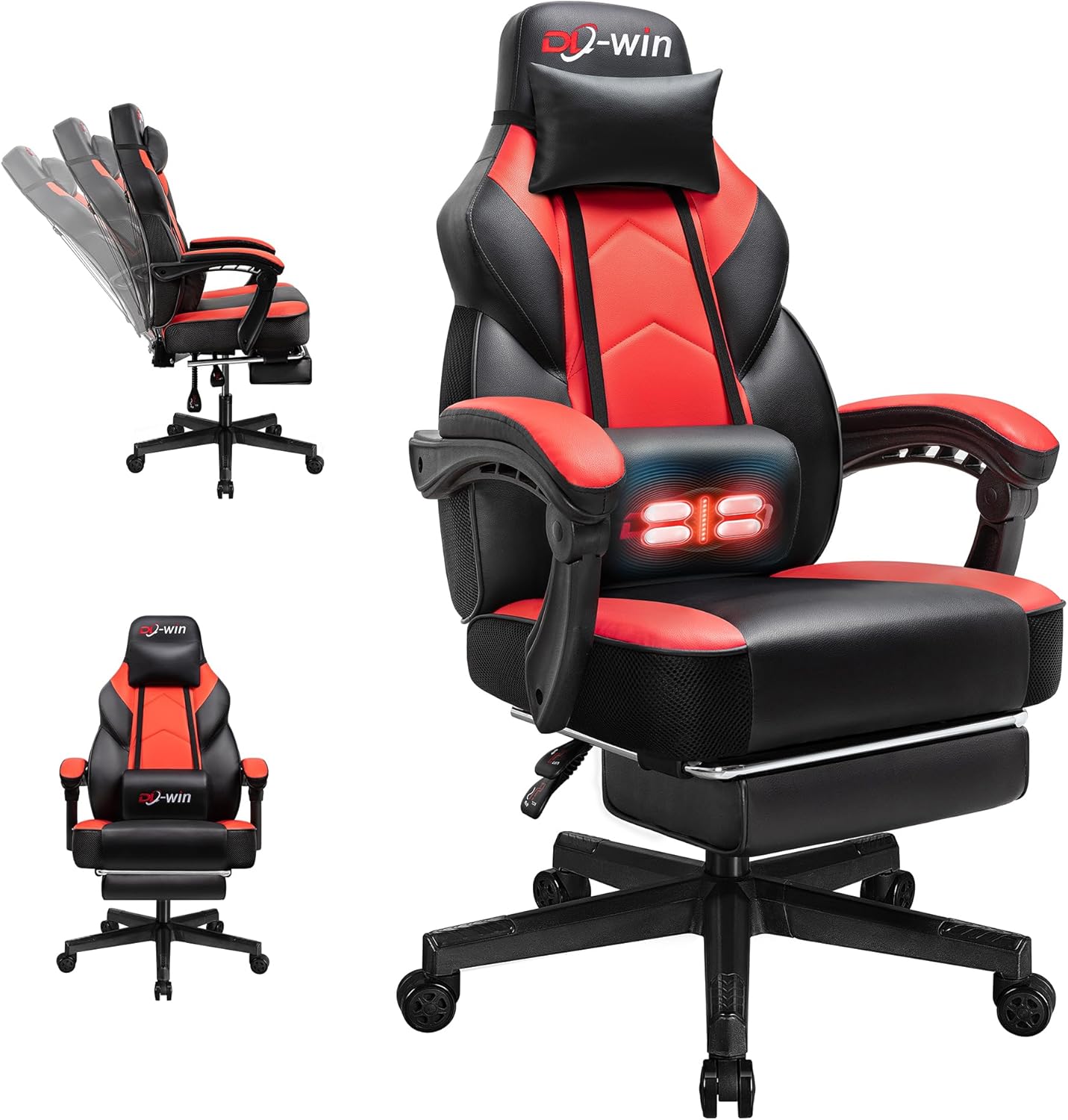 Shintenchi Gaming Chair, Office Chair with Footrest and Lumbar Support, Height Adjustable Game Chair with 360°-Swivel Seat and Headrest and for Office or Gaming (Deep Red) - Image 9