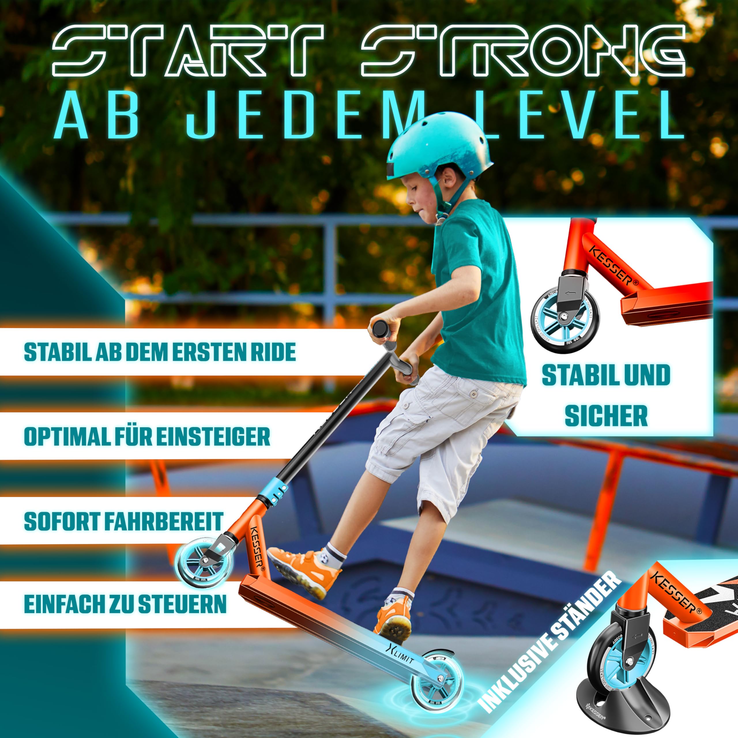 KESSER® Trottinette Freestyle | Trottinette Freestyle X-Limit | Direction à 360° | Roulements à Billes ABEC 9 de 100 mm | Roues en polyuréthane | Robuste | Rouge