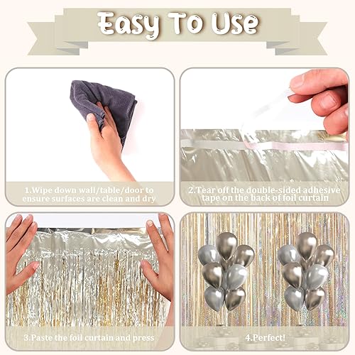 Miniatura 8 de Paquete de 3 telones de fondo de flecos de papel de aluminio champán de 3.3 x 6.6 pies, decoraciones de fiesta de oropel, telón de fondo con flecos