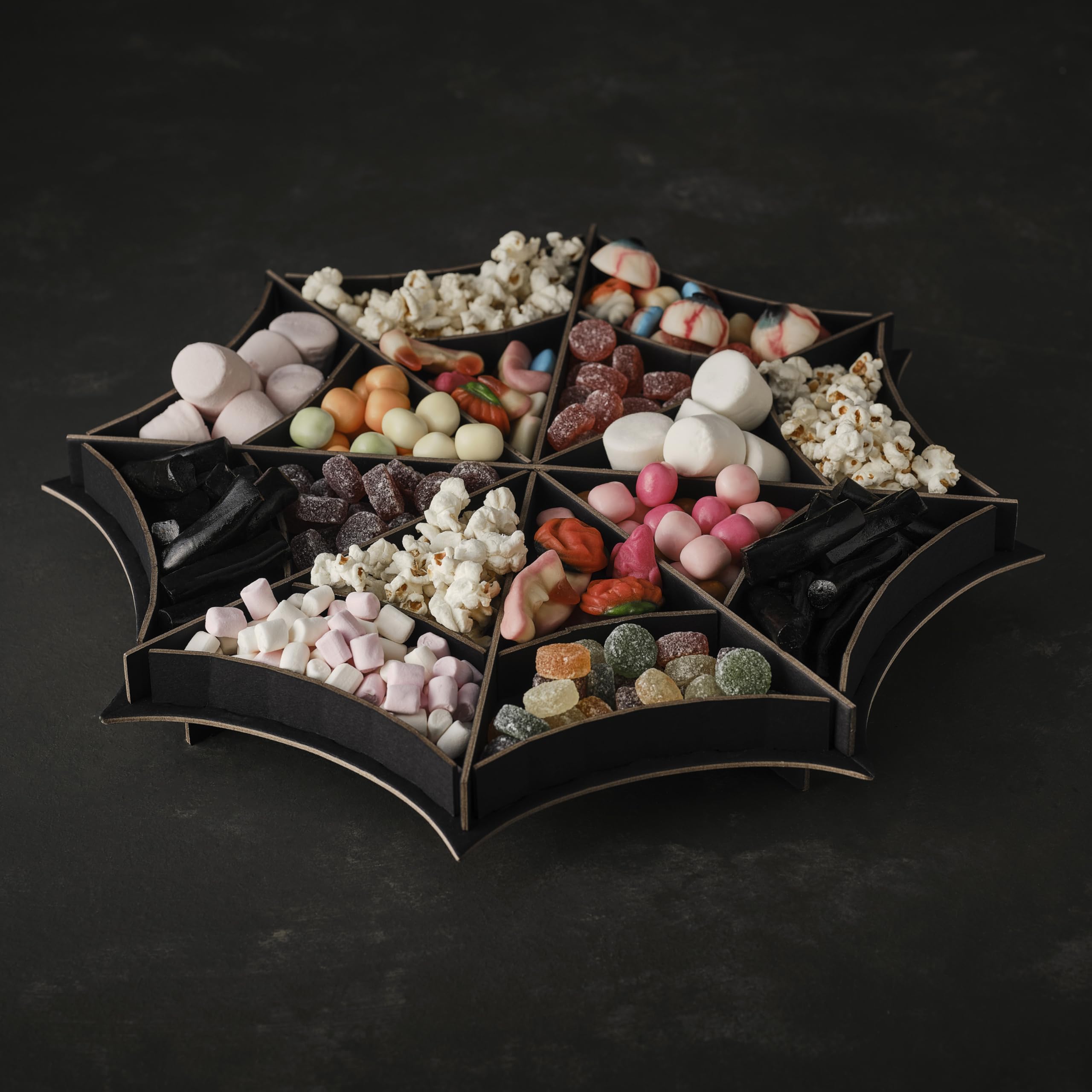 Halloween Table Centrepiece – Black Spider Web Treat Stand, Card Food Display Stand