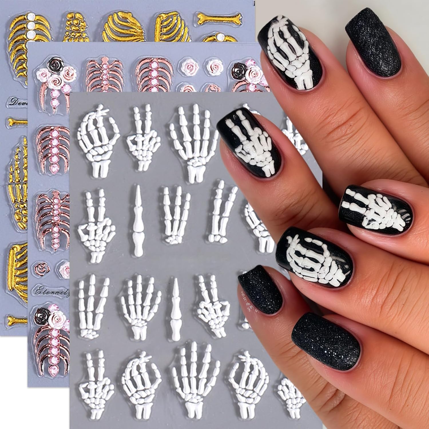 3 Sheets 5D Embossed Skull Nail Stickers for Nail Art Skeleton Nail Decals White Hand Bones Finger Skeleton Halloween Nail Art Supplies Gothic Nail Sticker for Women Halloween Nails Tips Decoration