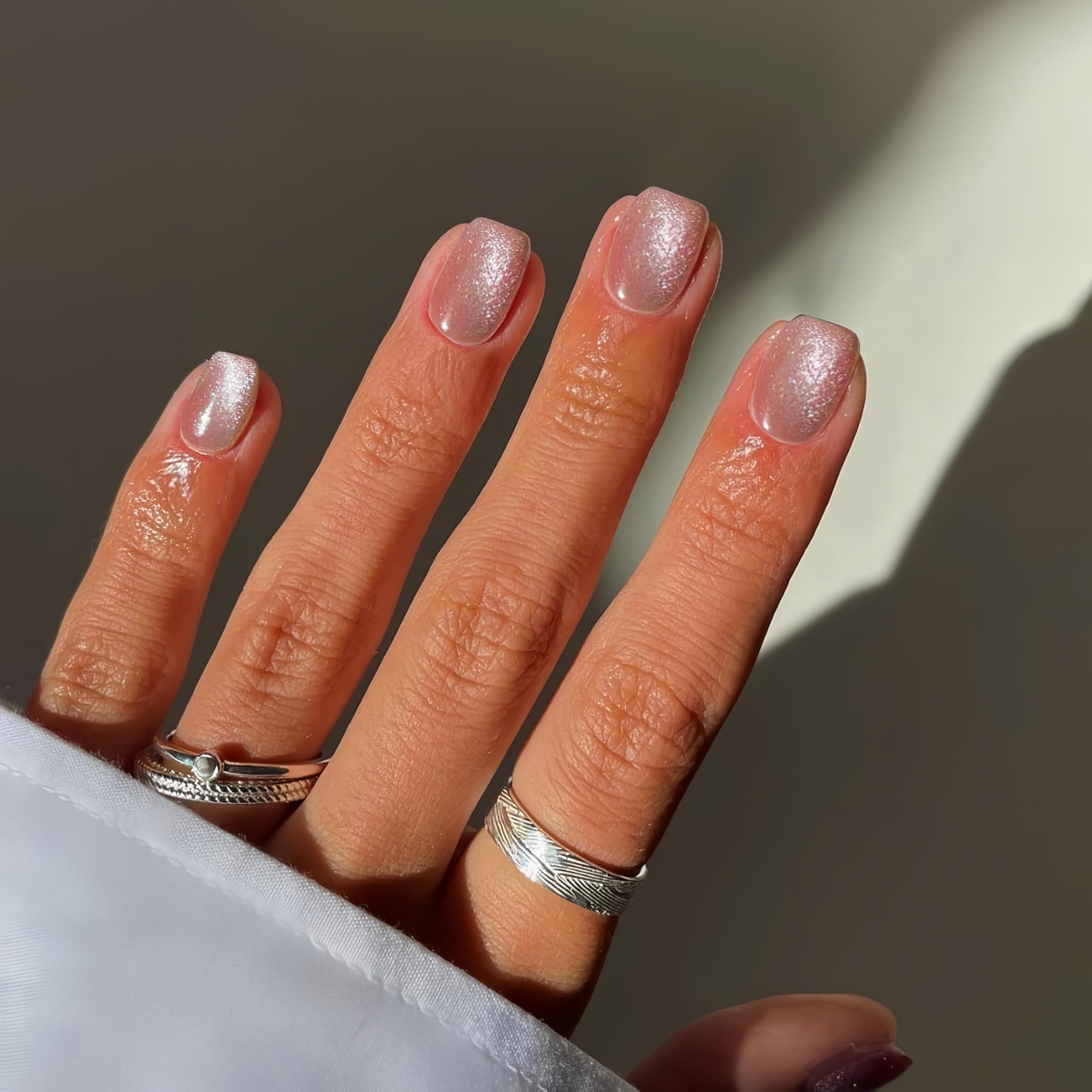 KQueenest Cat Eye Press on Nails Short Square, Glazed Glitter Nude False Nails Short Coffin - Image 3