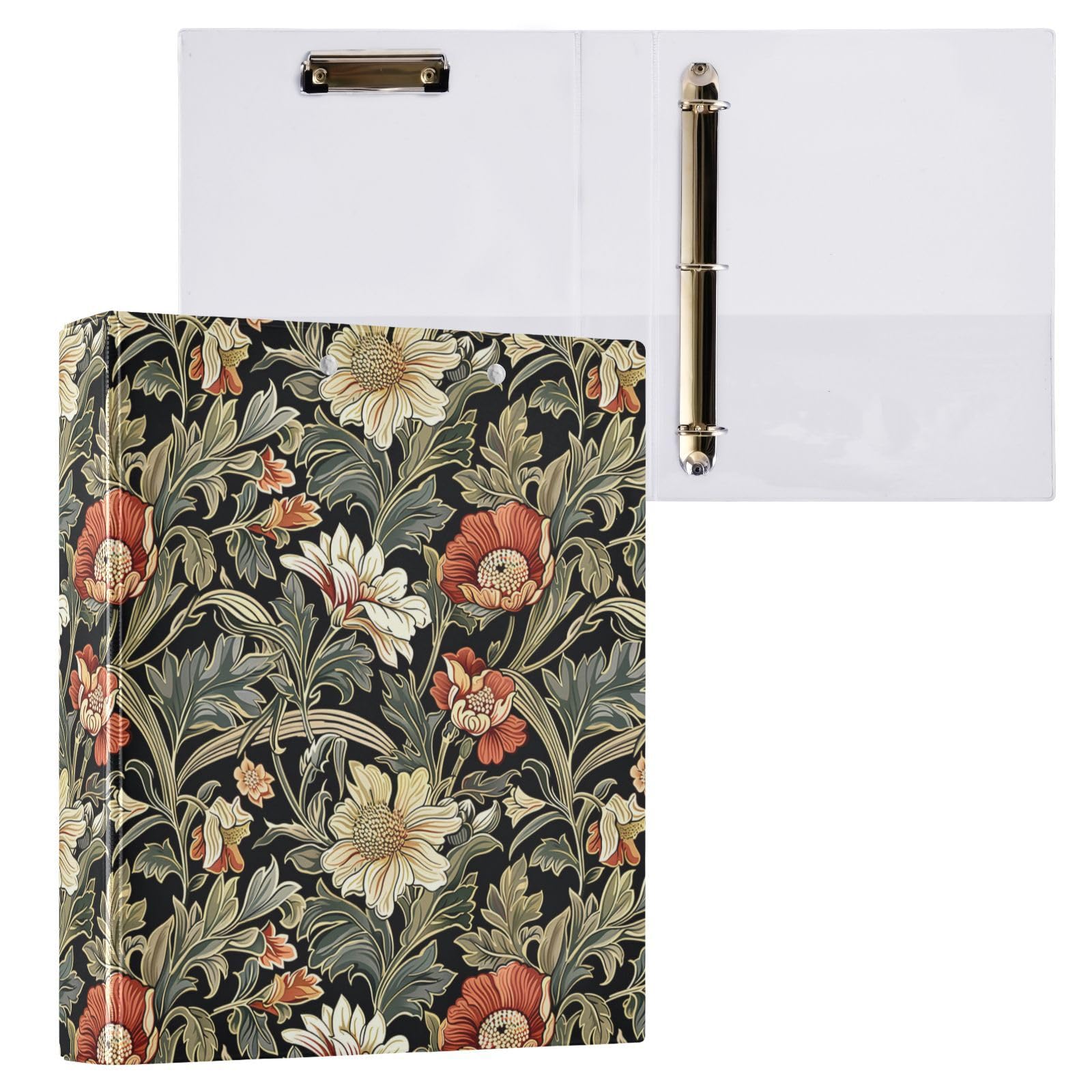 William Morris Style Floral Green Black 3 Ring Binder 1.5" Decorative D-Ring Binder with Clipboard&3 Clear Pockets, Holds 200 Sheets A4 Size Paper Waterproof Binders for School Home Office