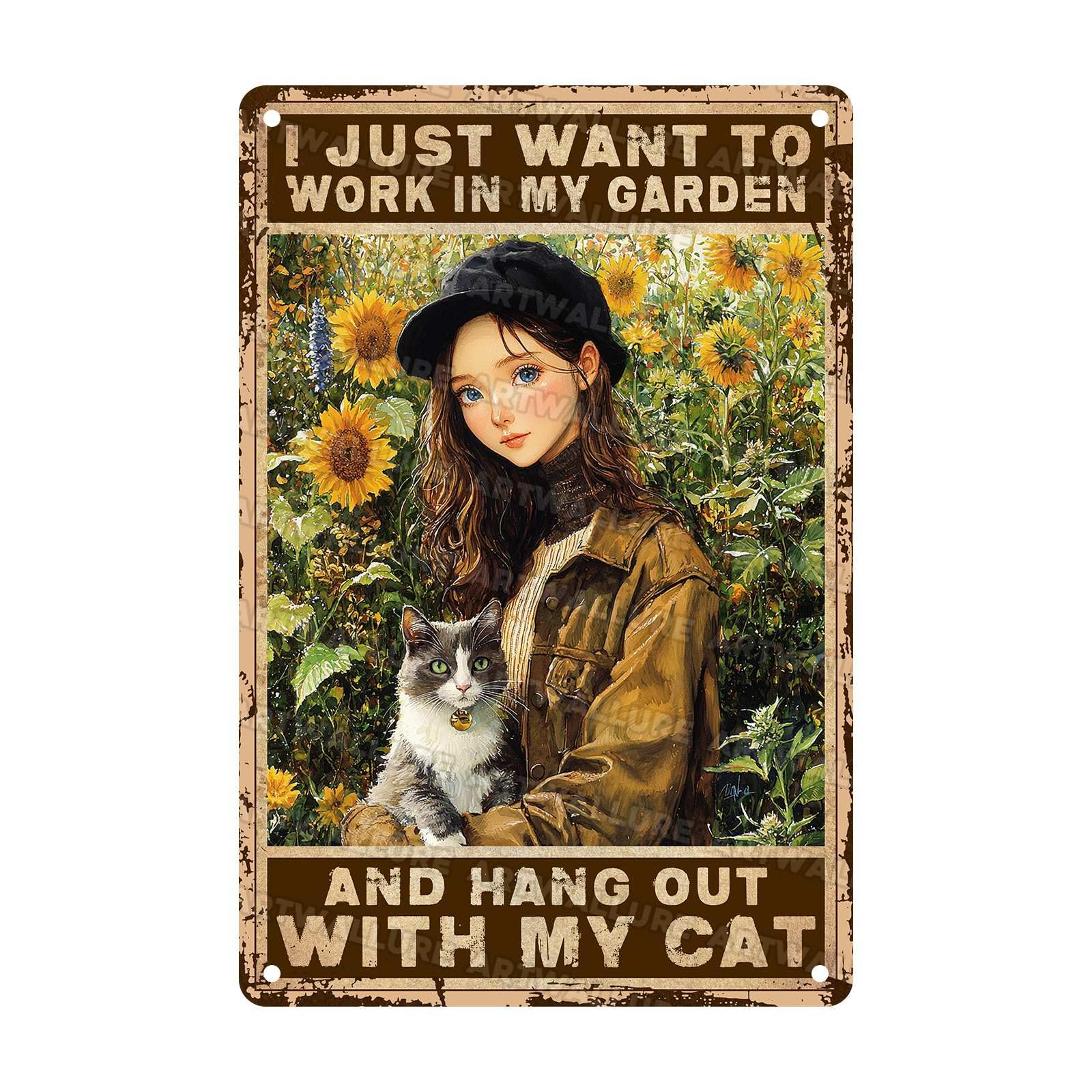 Garden Sunflower Vintage Metal Sign Girl Cat Sign I Just Want To Work In My Garden and Hang Out With My Cat Tin Plaque Retro Art Decor for Home Yard Gate Fence Backyard Decoration 8x12Inch