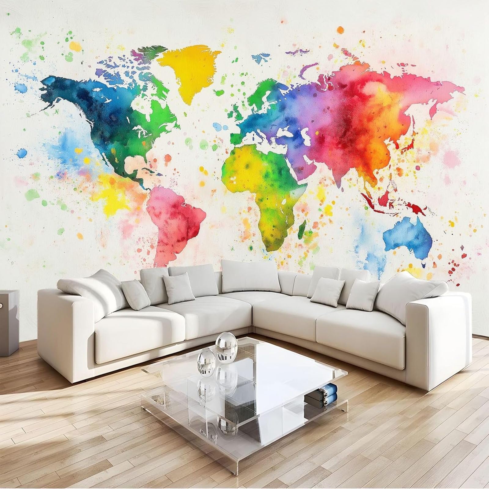 hgjdjhnf Non-Woven Photo Wallpaper World map Watercolor Painting Art wall Mural wall Decoration wall Living Room Bedroom Apartment wall Art, White, 300cm x 210cm