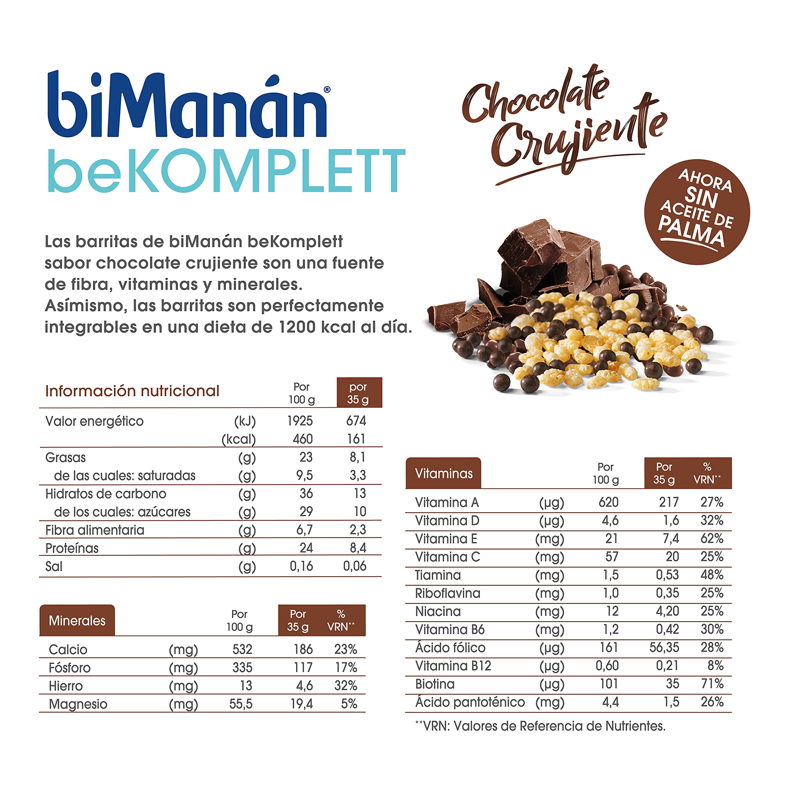 BIMANÁN KOMPLETT - BARRITAS DE CHOCOLATE CRUJIENTE - Ricas en Proteínas y Fibra, con 12 Vitaminas y 4 Minerales - sin Aceite de Palma, sin Gluten - 8 Unidades (280g)