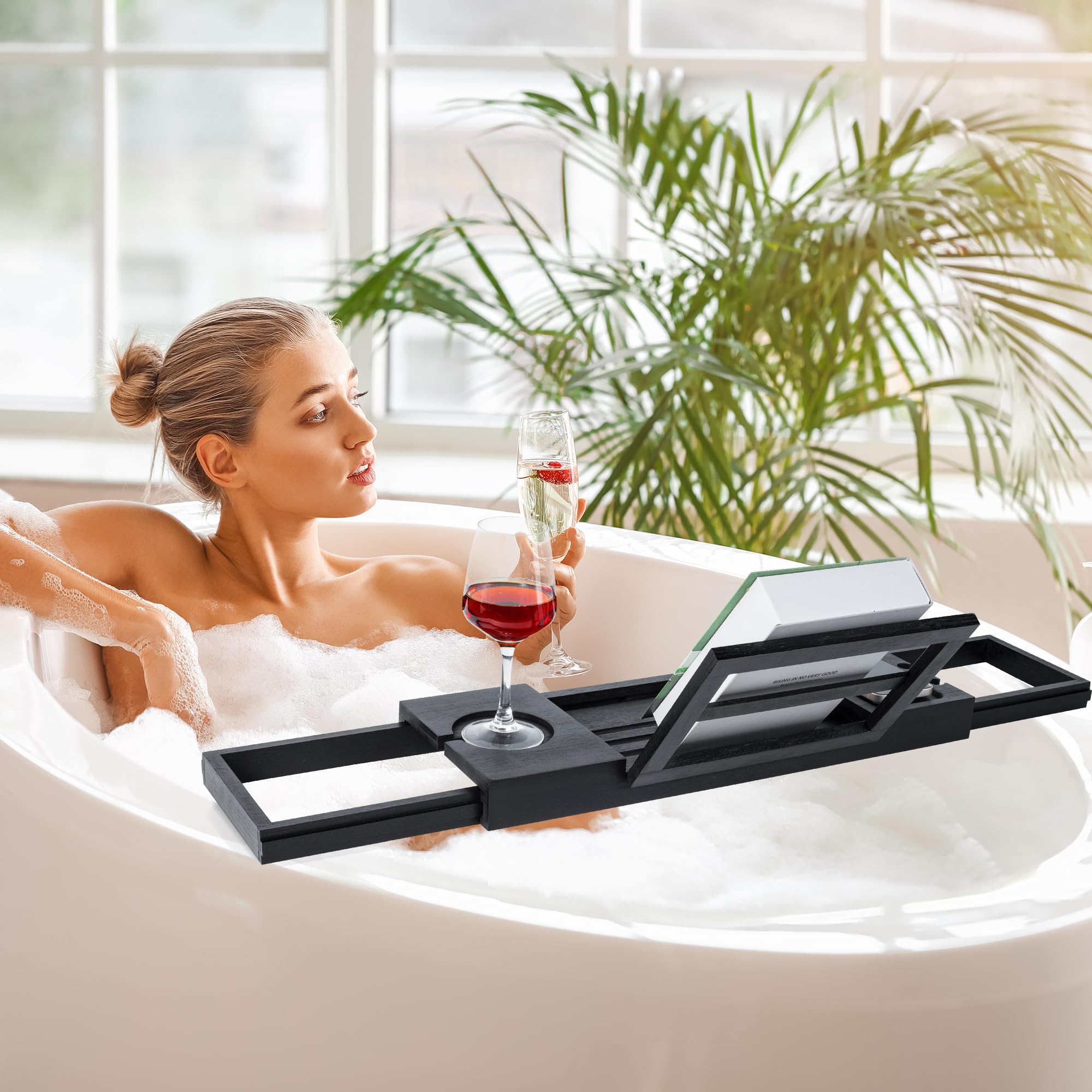 Utoplike Badewannentablett aus Bambus, verstellbar, für Badewanne, Schwarz | Badezimmer-Organizer mit Buch, Tablet, Weinglas, Tasse, Handtuchhalter