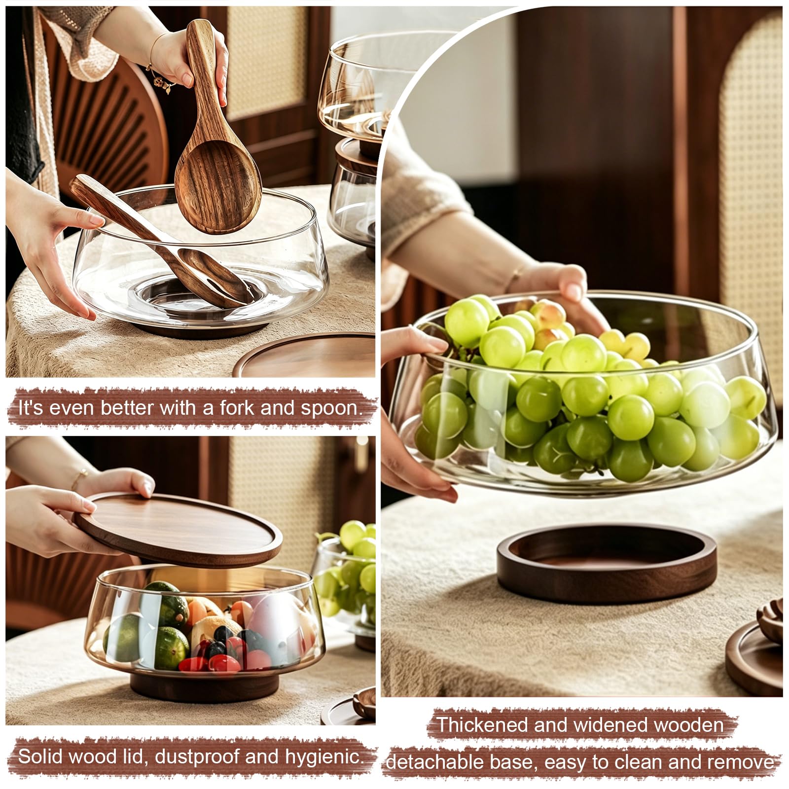 Juego de cuencos de ensalada de vidrio con cucharas mezcladoras y tenedor, base de madera para una mayor estabilidad, diseño de gran capacidad para cocina y fiestas, patrón de rayas, sin tapa