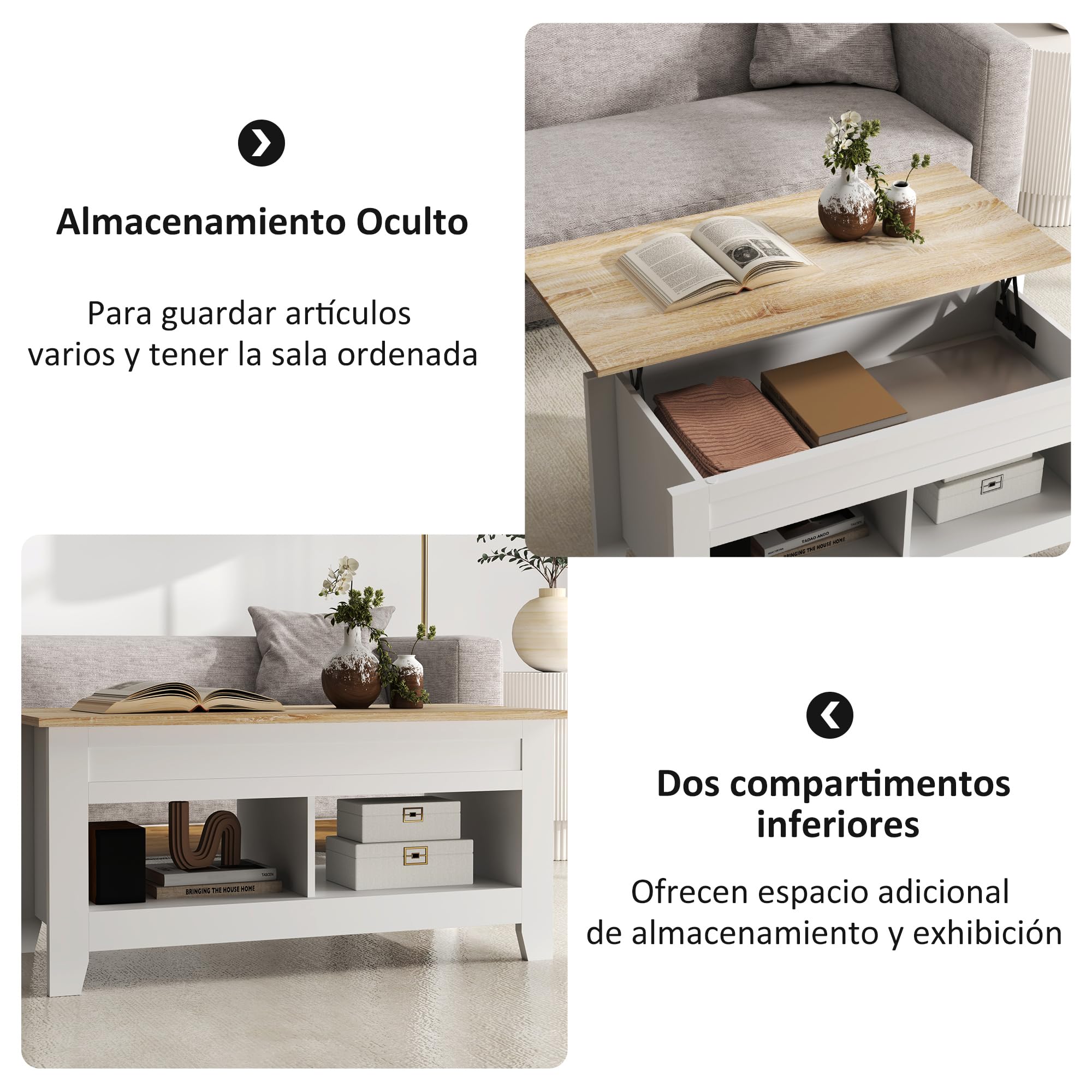 HOMCOM Mesa de Centro Elevable Mesa de Café con Encimera Elevable 2 Compartimentos Abiertos y Espacio Oculto de Almacenaje 105x50x49 cm Blanco y Natural