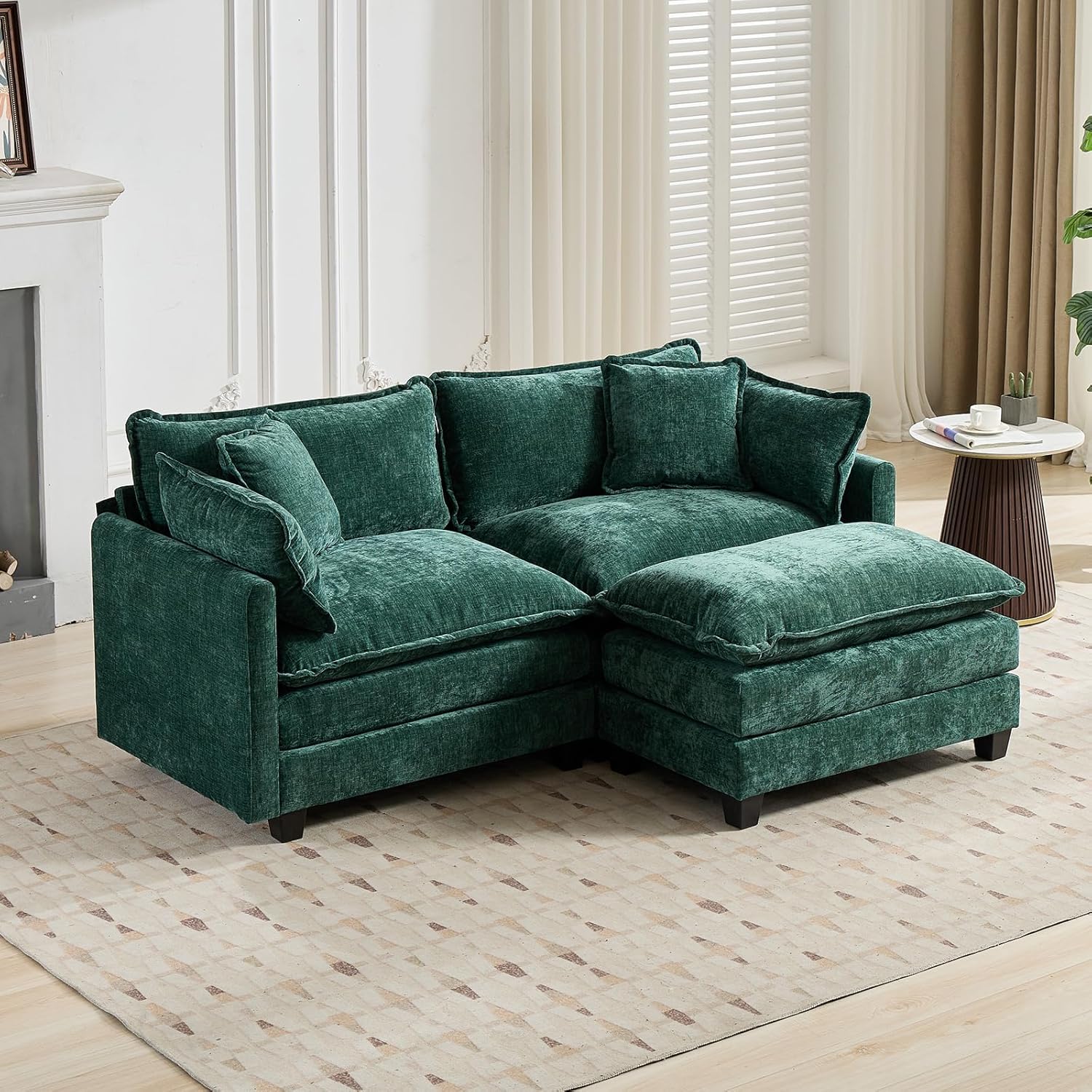 ODUSE-DAILY 76.7" Oversized Green Loveseat Sofa, 2 Seater Large Sectional Couches for Living Room, Chenille Fabric Modular Sectional Sofa with 1 Ottoman, Deep Seat Modern Sofas Set, Love Seat Couches