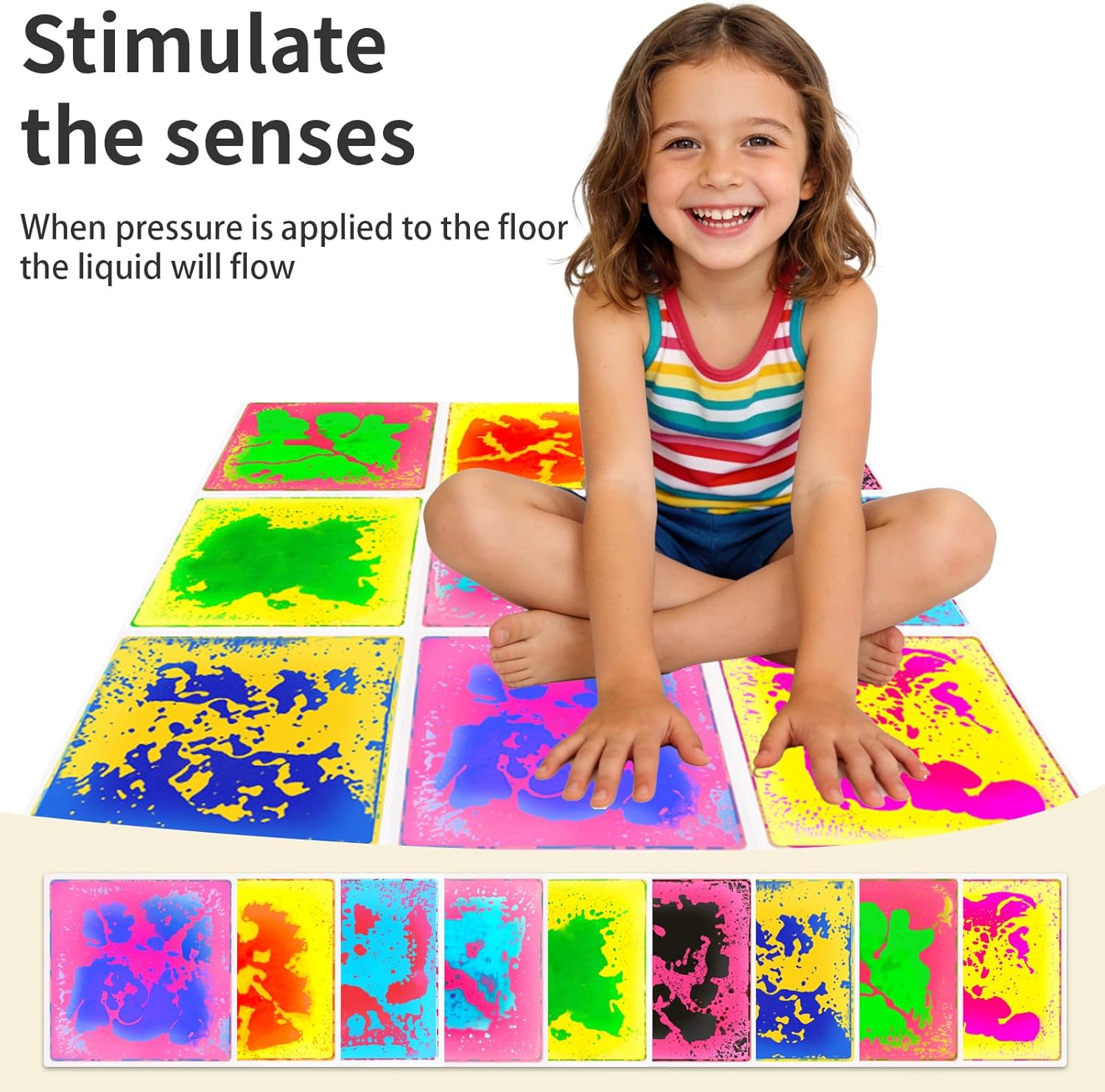 Liquid Sensory Floor Tiles for Kids: 12x12 Inch Active Play Mats for Kids Non-Toxic Leakproof - Non-Slip 9 Color-Changing Pads Stress Relief & Motor Skills Toys