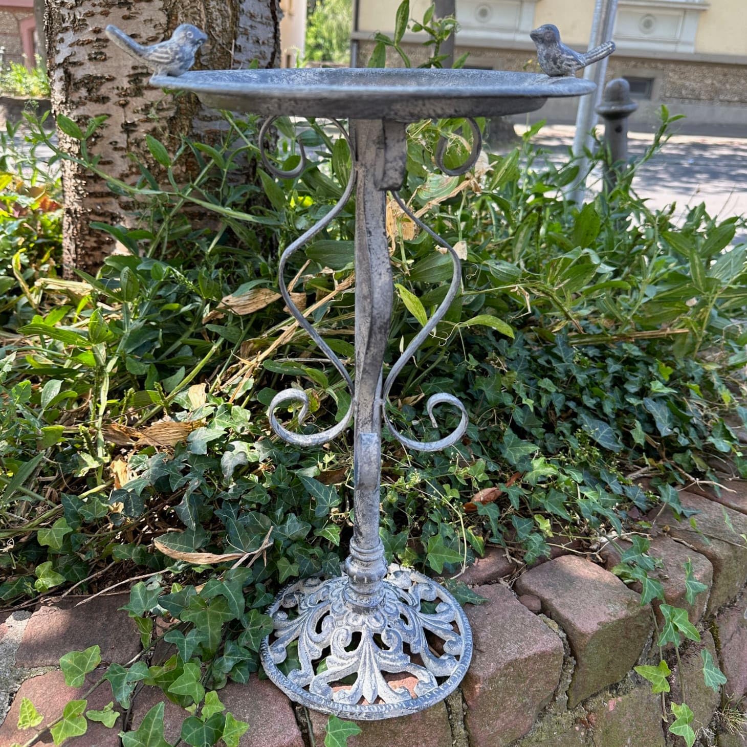 Pila para pájaros bebedero jardín decoración metal gris estilo antiguo 44cm