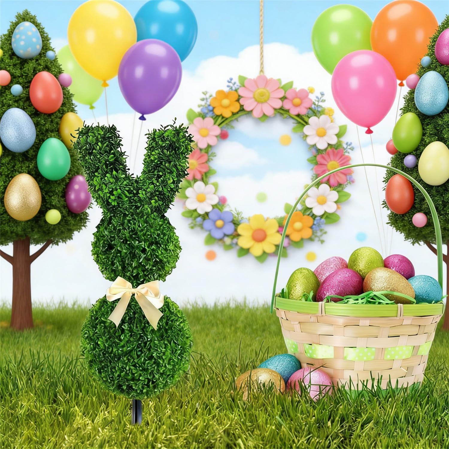 Artificial Bunny-Shaped Topiary Tree,Artificial Easter Bunny Topiary Trees with Ground Spike,UV-Resistant Easter Boxwood Topiary Plant for Porch Decor (A, 19.68inch)