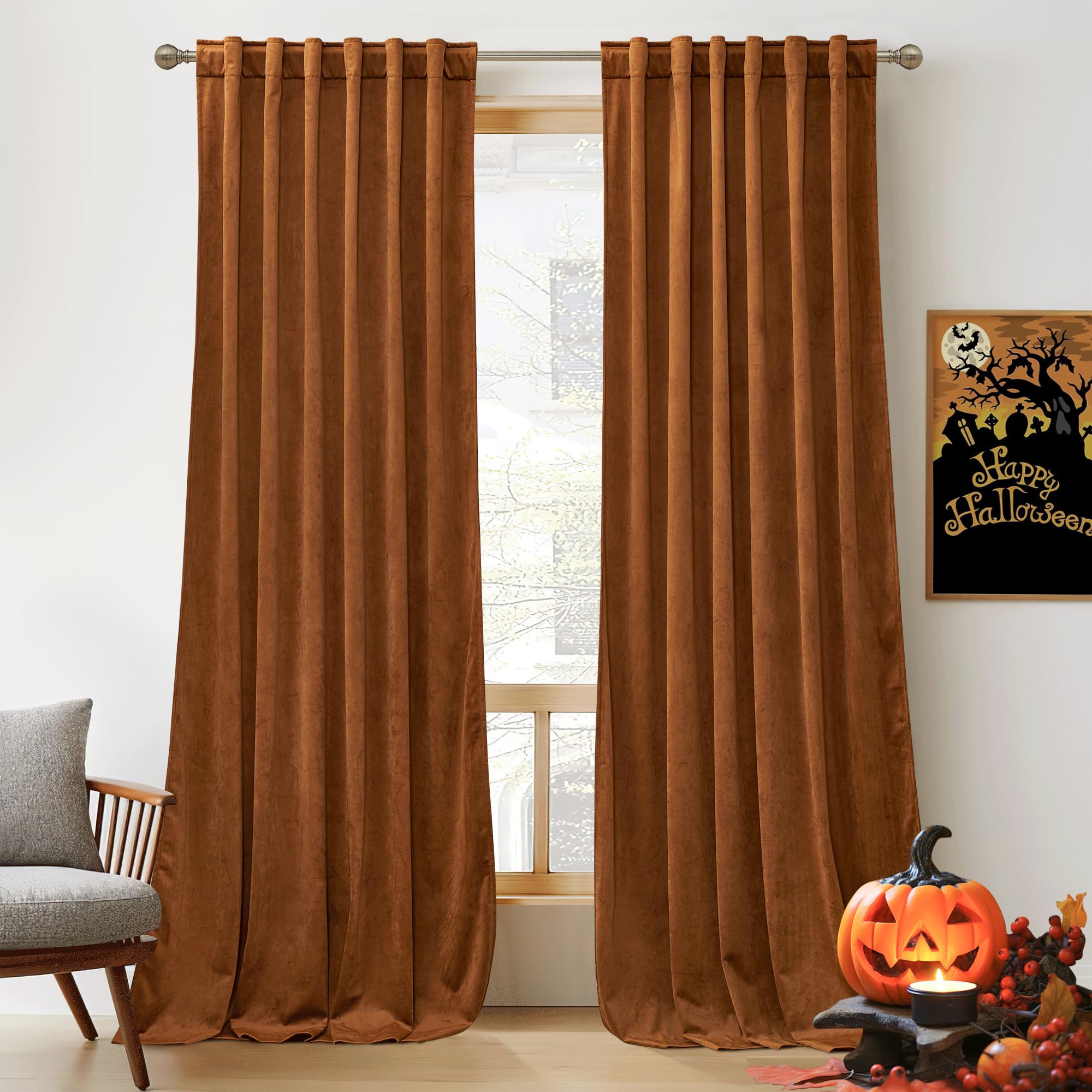 RYB HOME Heavy Duty Velvet Curtains & Drapes, Room Darkening Noise Reducing Window Treatment for Living Room Bedroom Privacy Draft Block Shades for Stuido, Golden Oak, W52 x L72 inch, 2 Panels