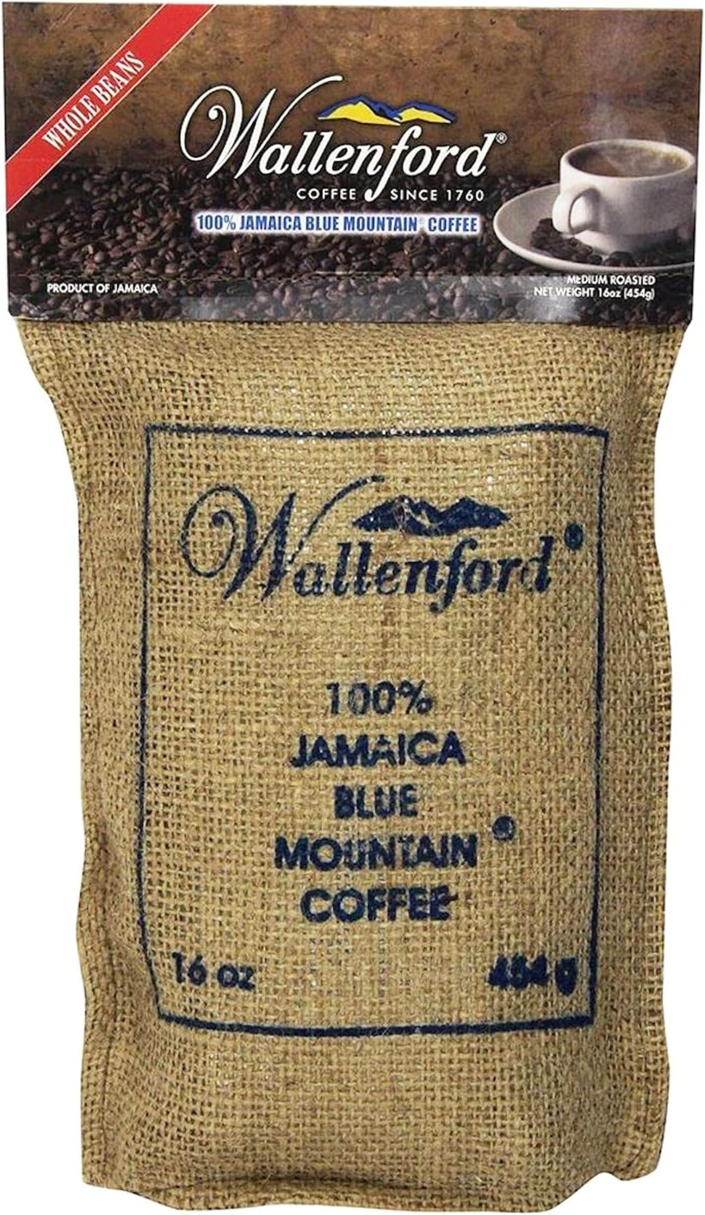 Wallenford's 100% Jamaica Blue Mountain Roasted Whole BeanCoffee - Authentic Jamaican Blue Mountain Coffee Beans, Blue Mountain Coffee from Jamaica - 16oz