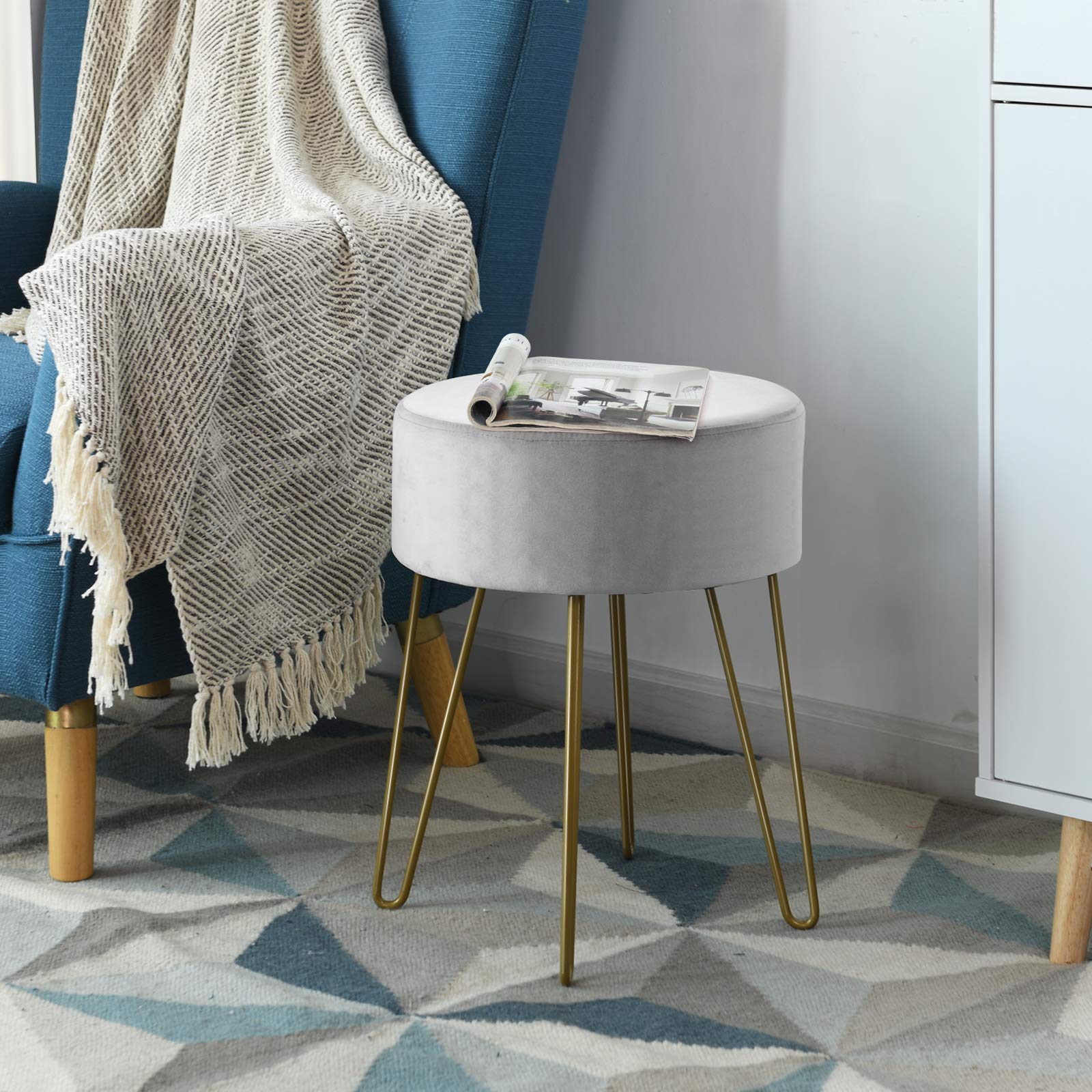 COSTWAY Siège de Coiffeuse Rembourré, Pouf Repose-Pieds Moderne Rond, Tabouret en Velours avec Pieds Métalliques Robustes, pour Salon, Chambre (Gris)