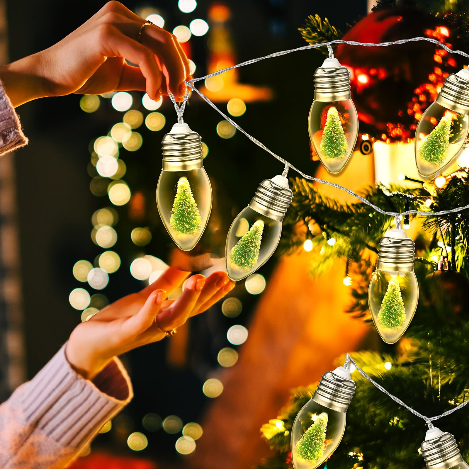 Aurelema Stringa di lampadine natalizie da 4 m, con 20 lampadine LED trasparenti, con mini neve, decorazione per albero di Natale, camera da letto, tavolo, feste, timer a batteria (bianco caldo)
