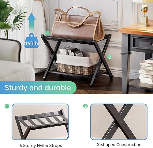 Miniatura 6 de SMIBUY Portaequipajes, juego de 2, soporte plegable de bambú para maleta con estante de almacenamiento para habitación de invitados, dormitorio,