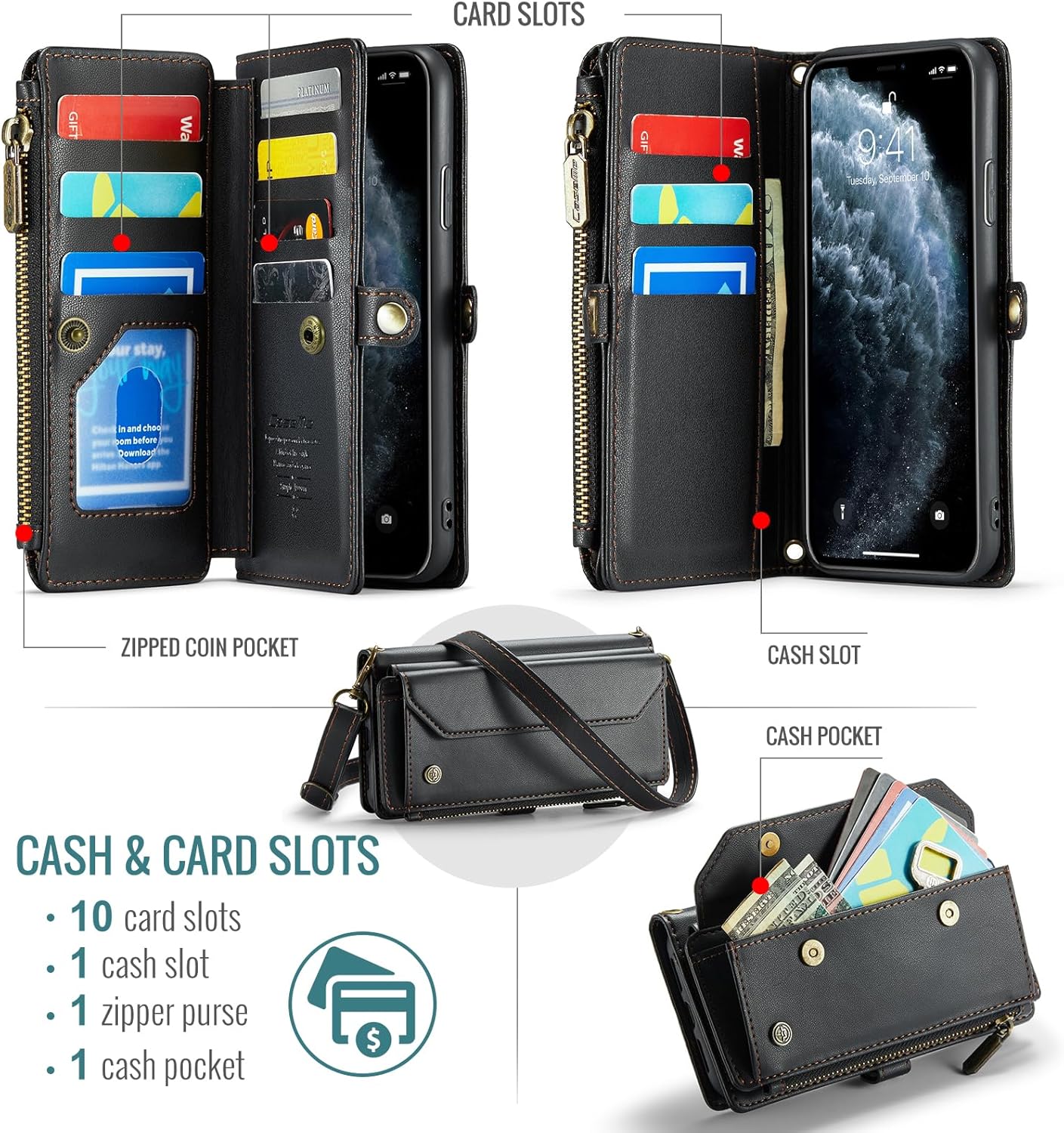 For iPhone 11 Pro Max Case, Crossbody Wallet Phone Case with RFID Blocking Kickstand, Anti-Drop Wireless Charging Card Slots, PU Leather Shoulder Bag Clutch Adjustable Strap, Black for Women