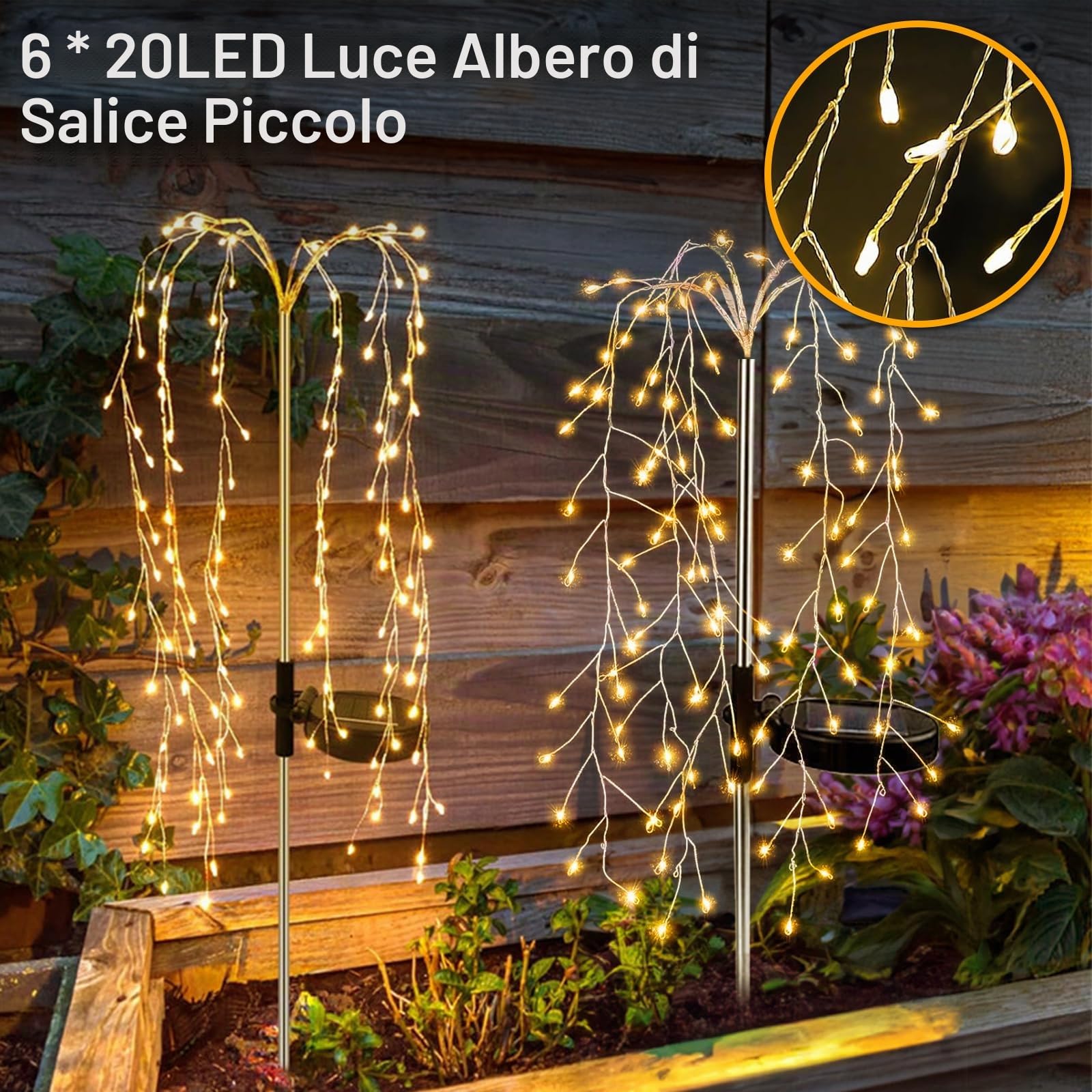 JIMACRO 2 Pezzi Luci Solari Giardino Esterno, 6 * 20LEDs Luci Solari per Albero di Salice, 8 modalità Impermeabile Fata Starburst Luci Solari per Decorazioni Giardino per Passerella Cortile Prato